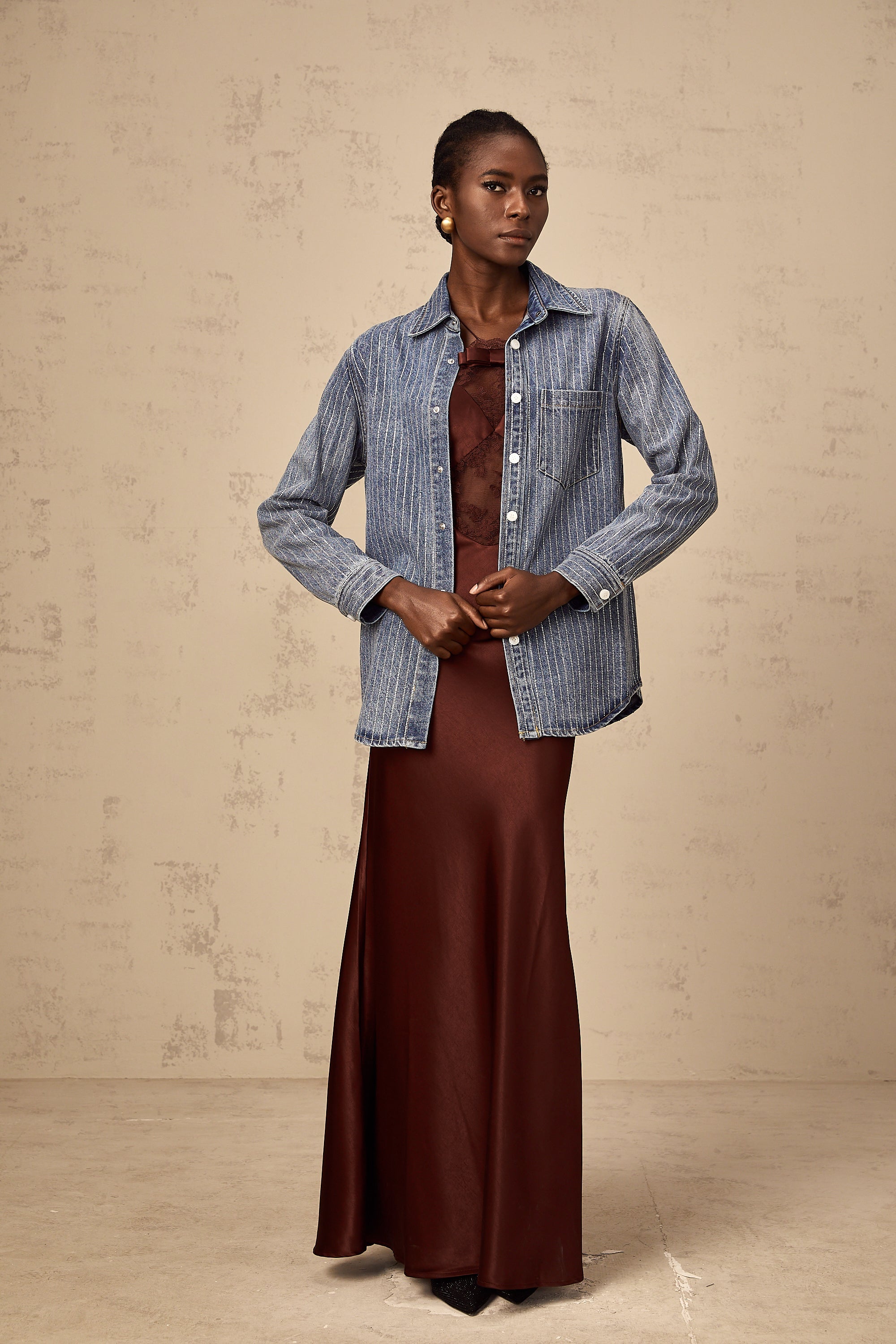 Joséphine blue embellished vertical-stripe denim shirt