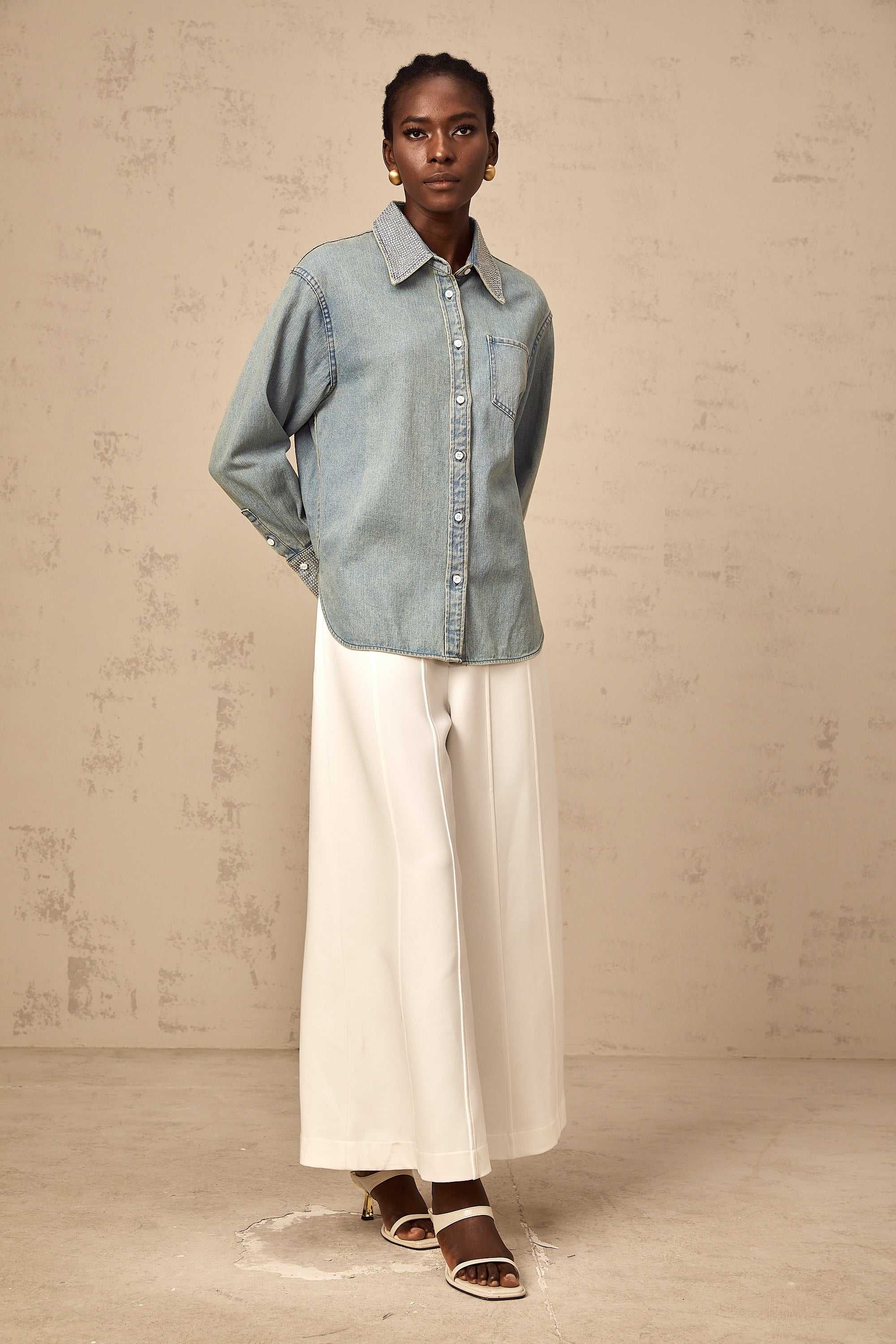 Flavie blue rhinestone-embellished denim shirt