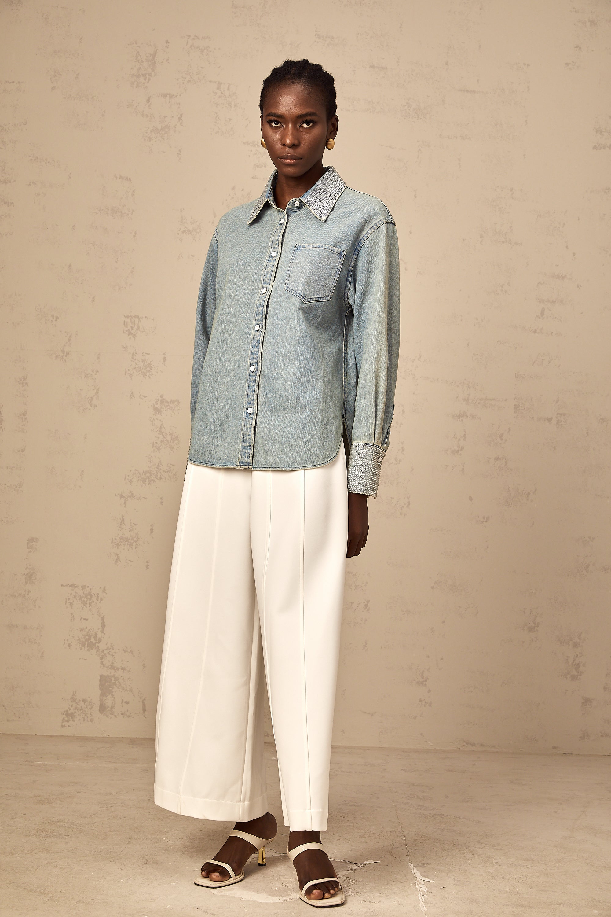 Flavie blue rhinestone-embellished denim shirt