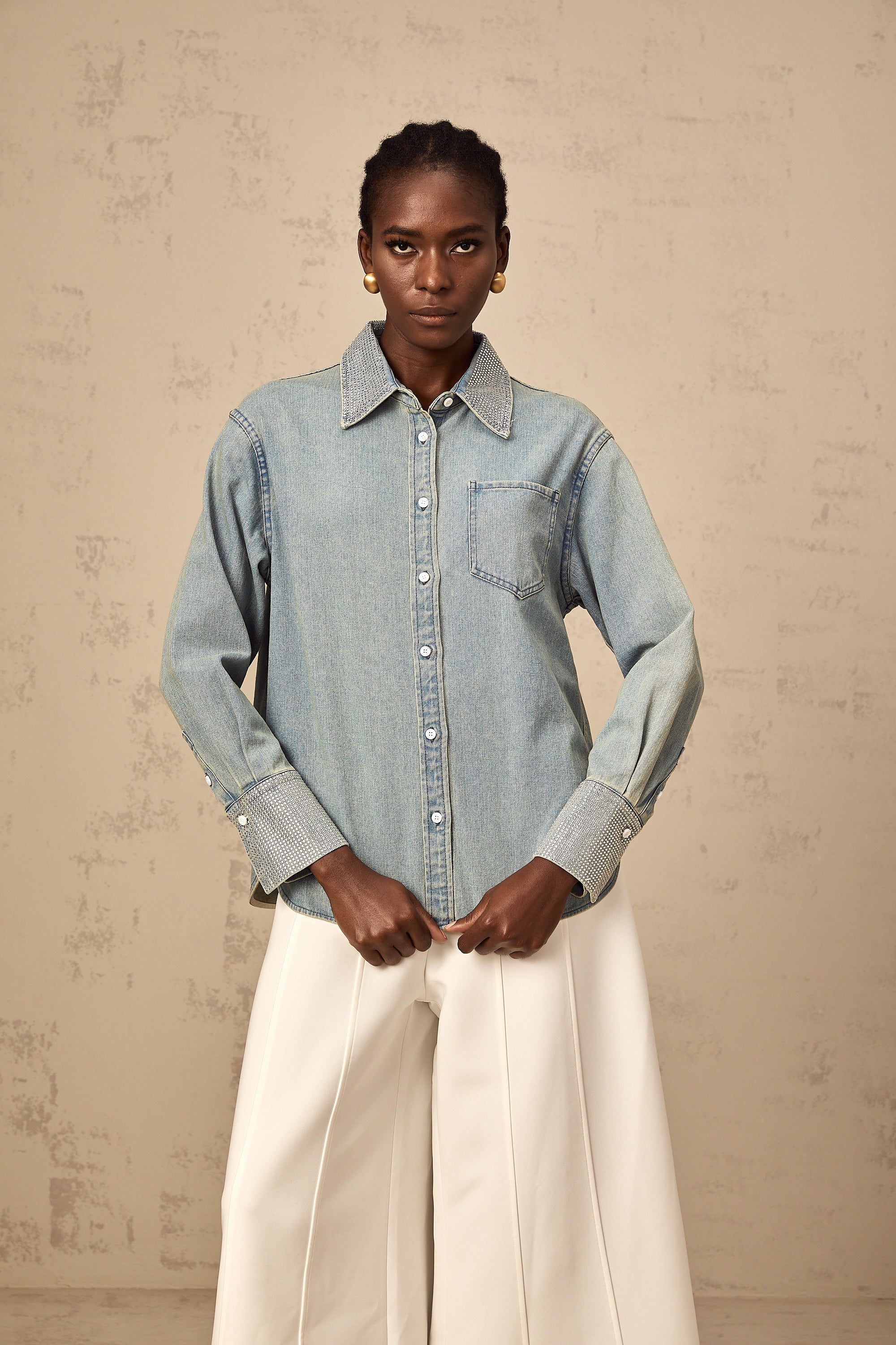 Flavie blue rhinestone-embellished denim shirt