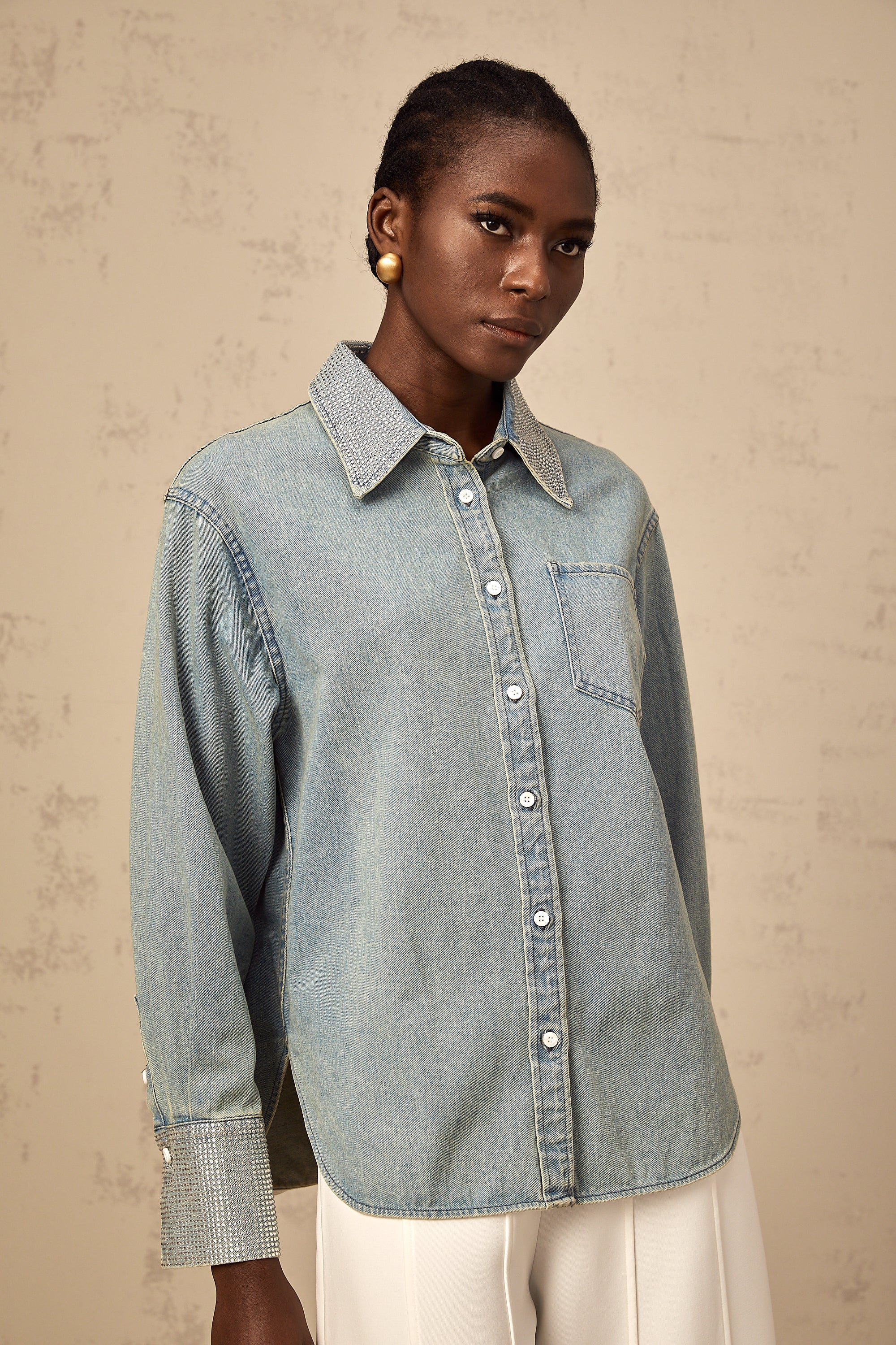 Flavie blue rhinestone-embellished denim shirt