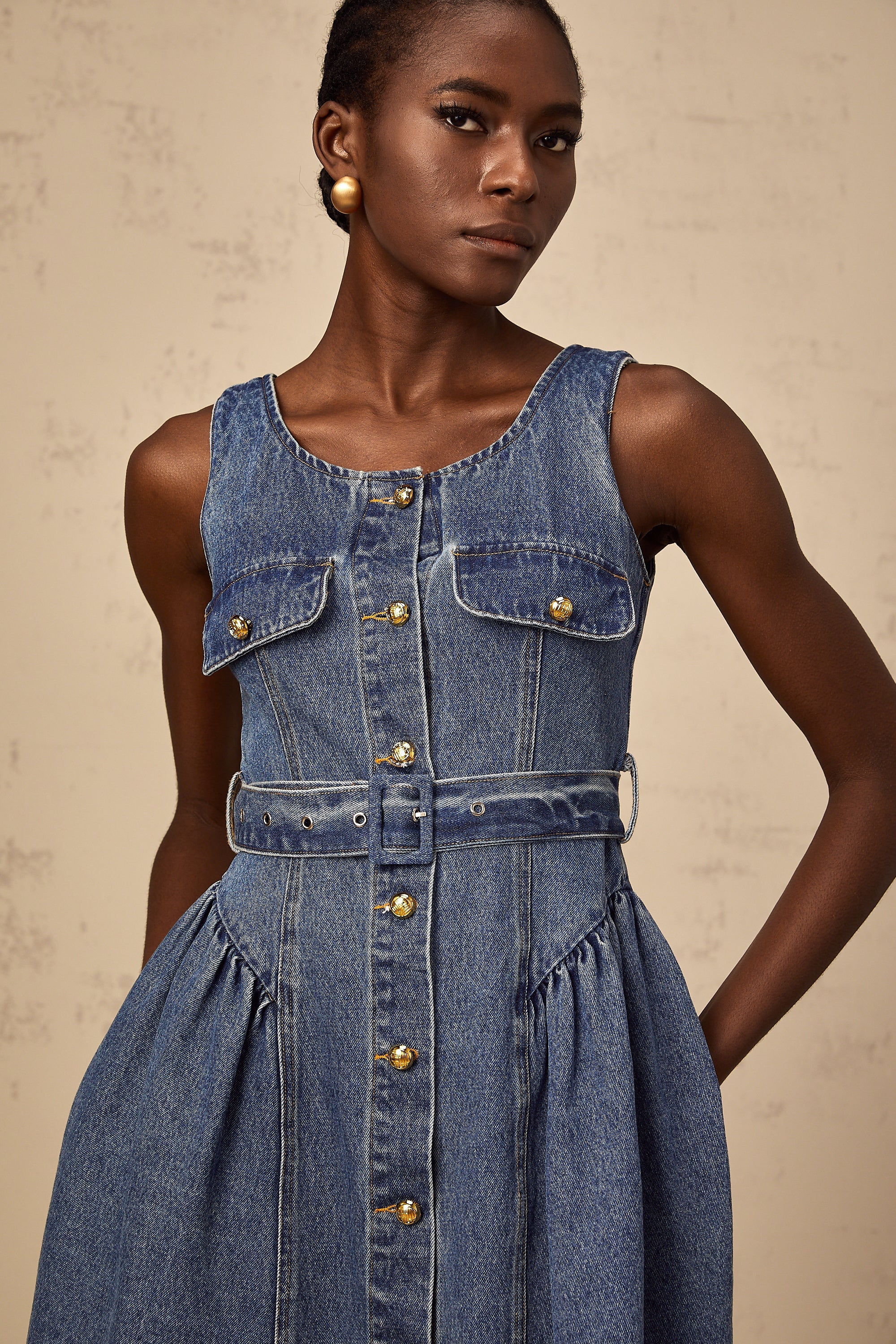 Vérane blue belted denim mini dress