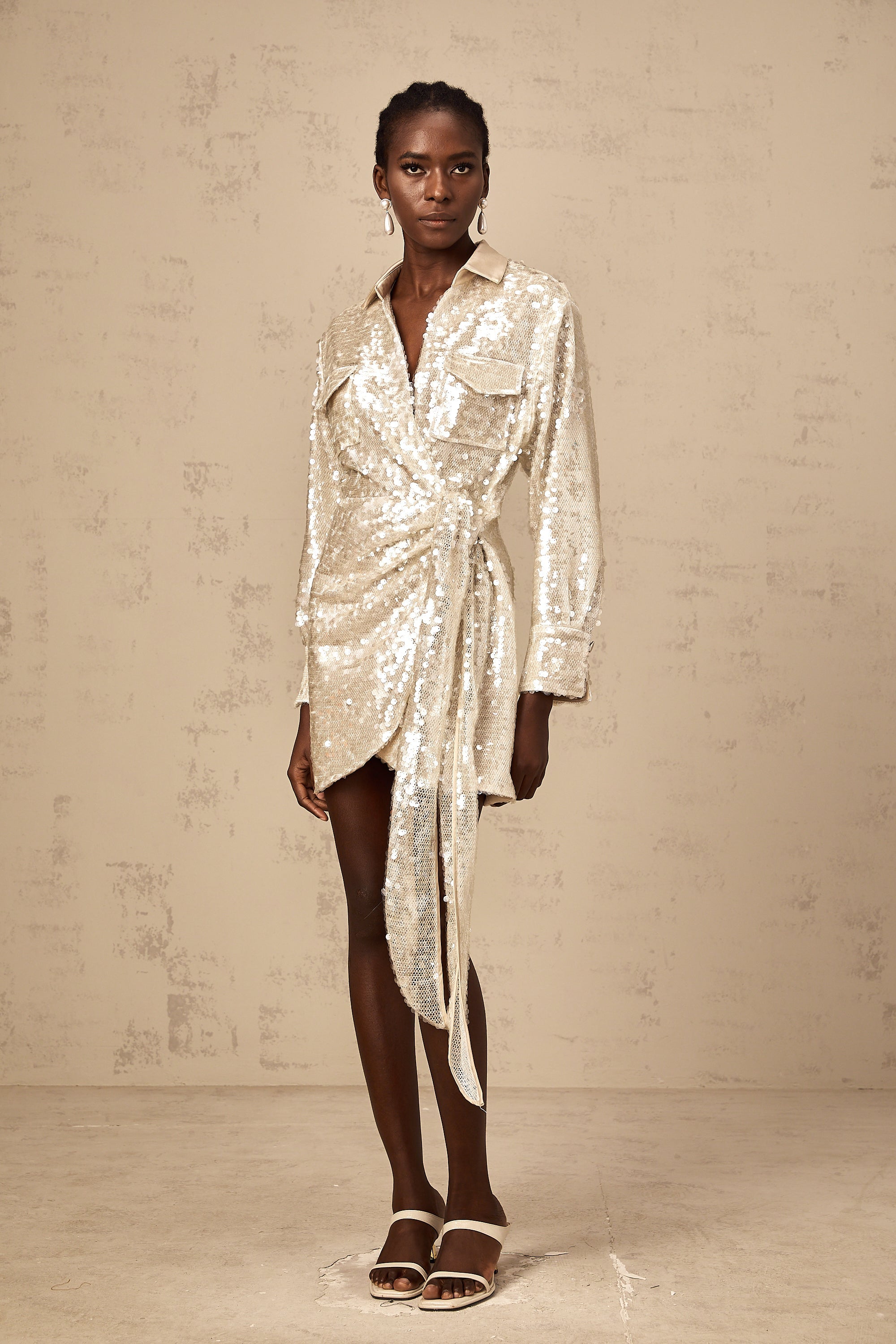 Aurore wrap-design sequined mini shirt dress