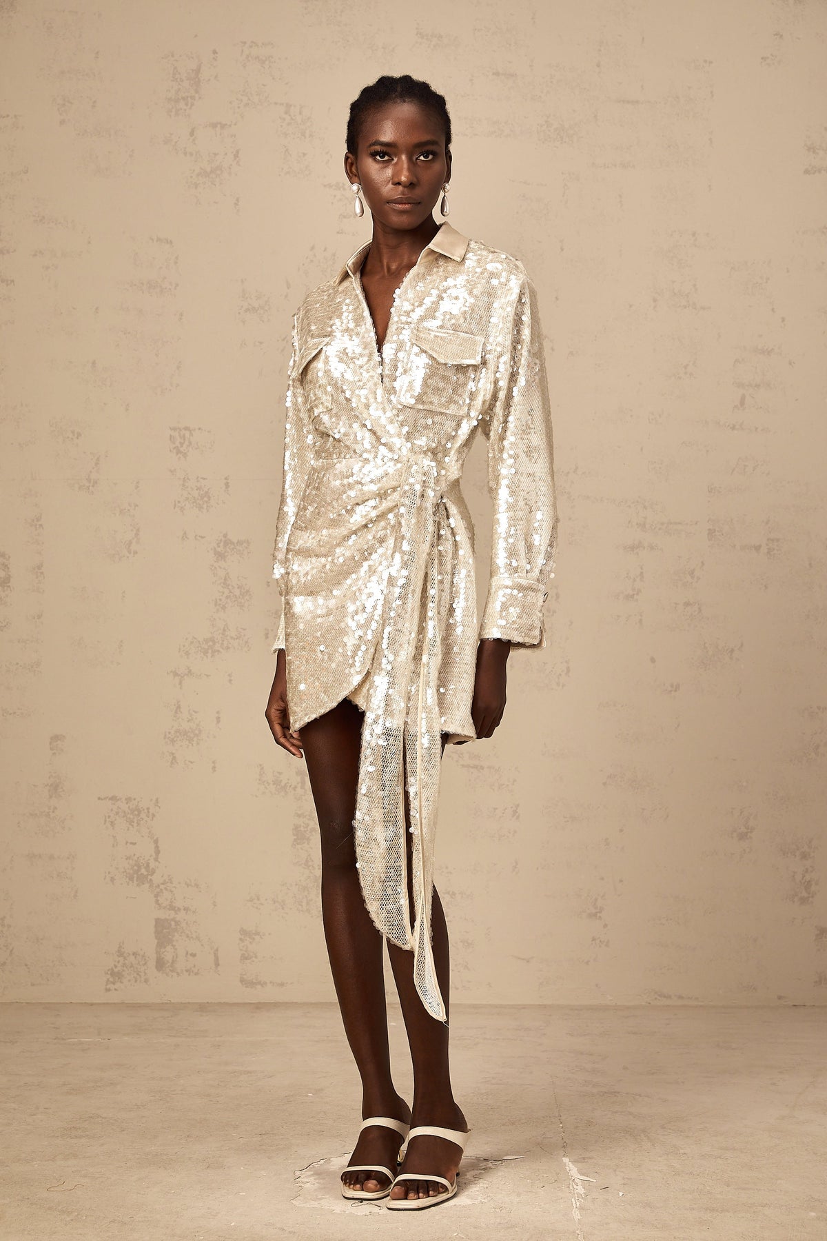 Aurore wrap-design sequined mini shirt dress