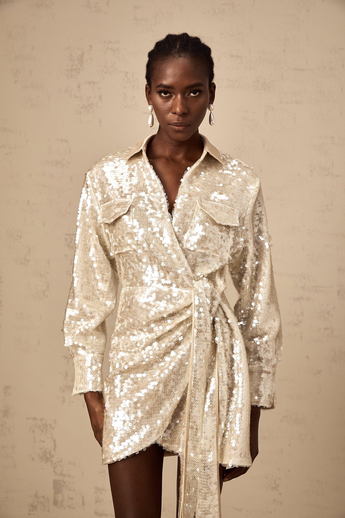 Aurore wrap-design sequined mini shirt dress