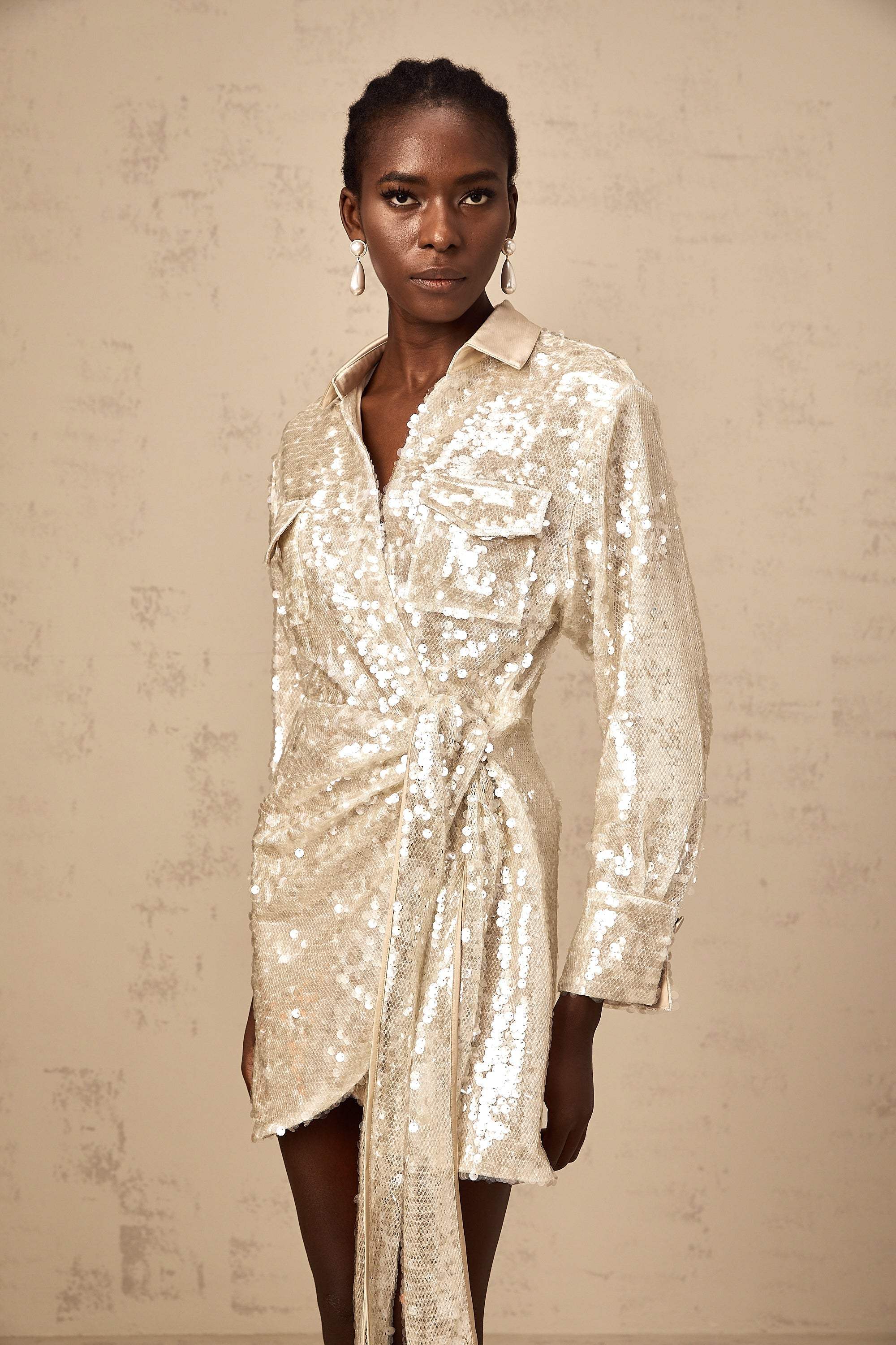 Aurore wrap-design sequined mini shirt dress