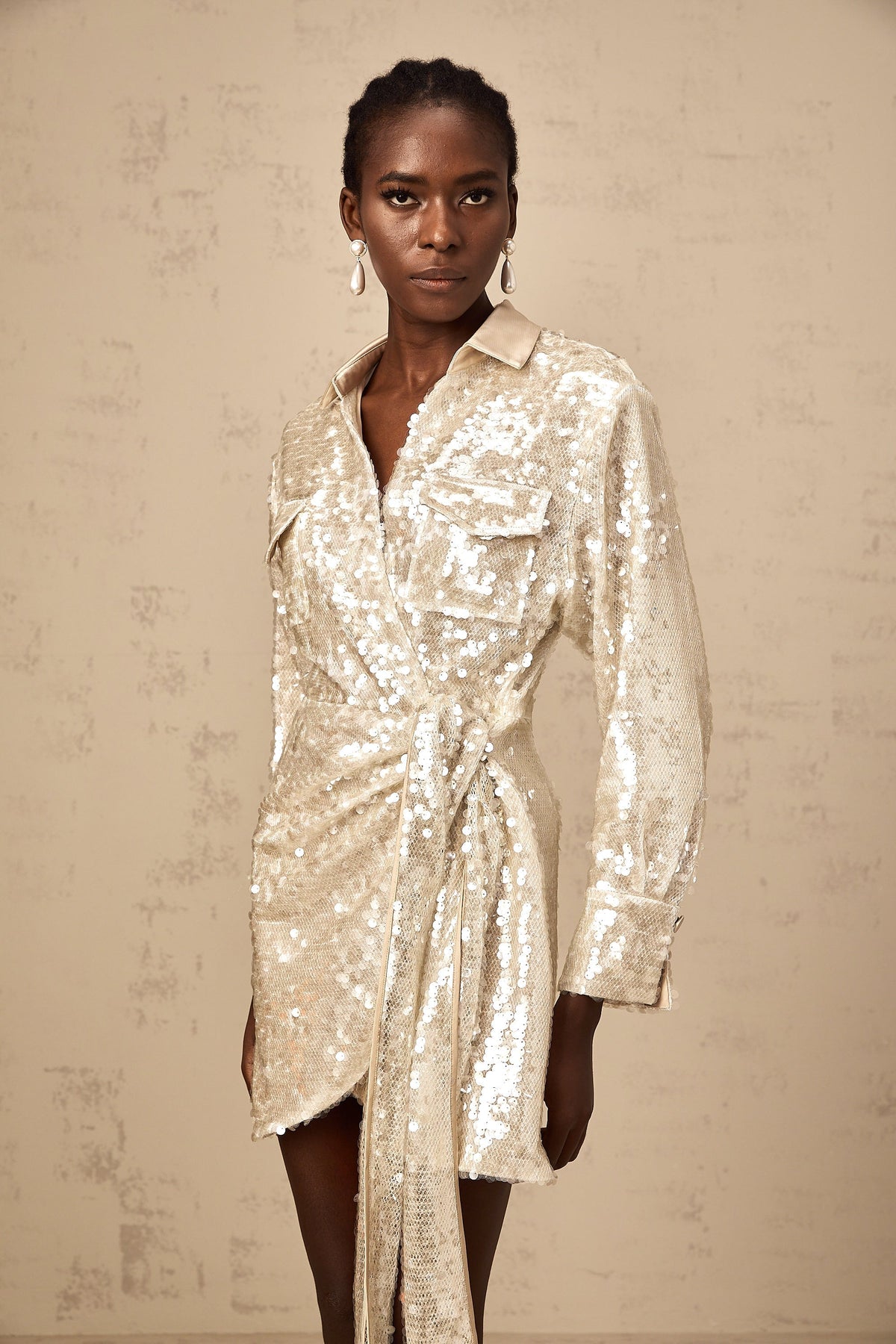 Aurore wrap-design sequined mini shirt dress