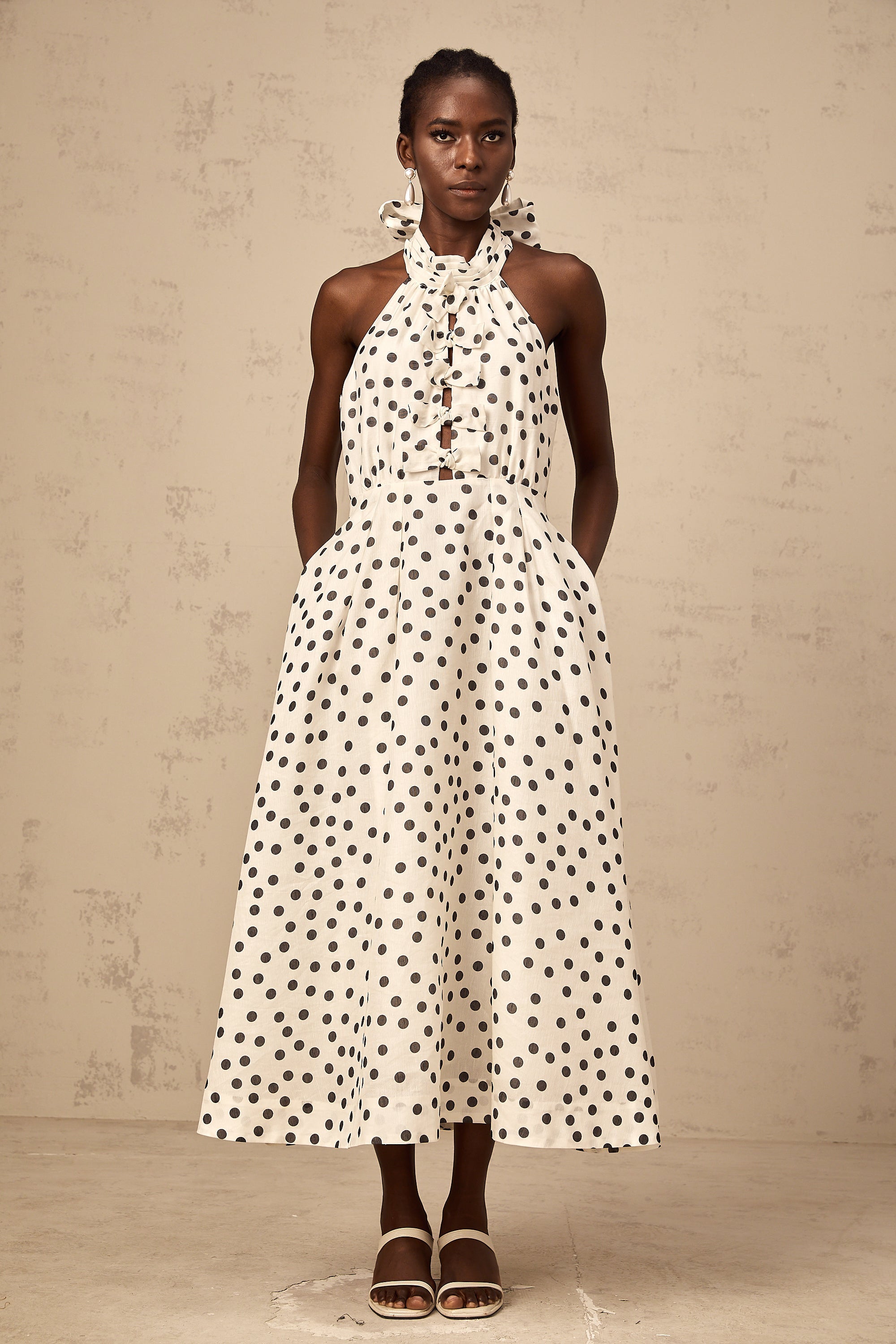 Audrey white bowknot polka-dot midi dress