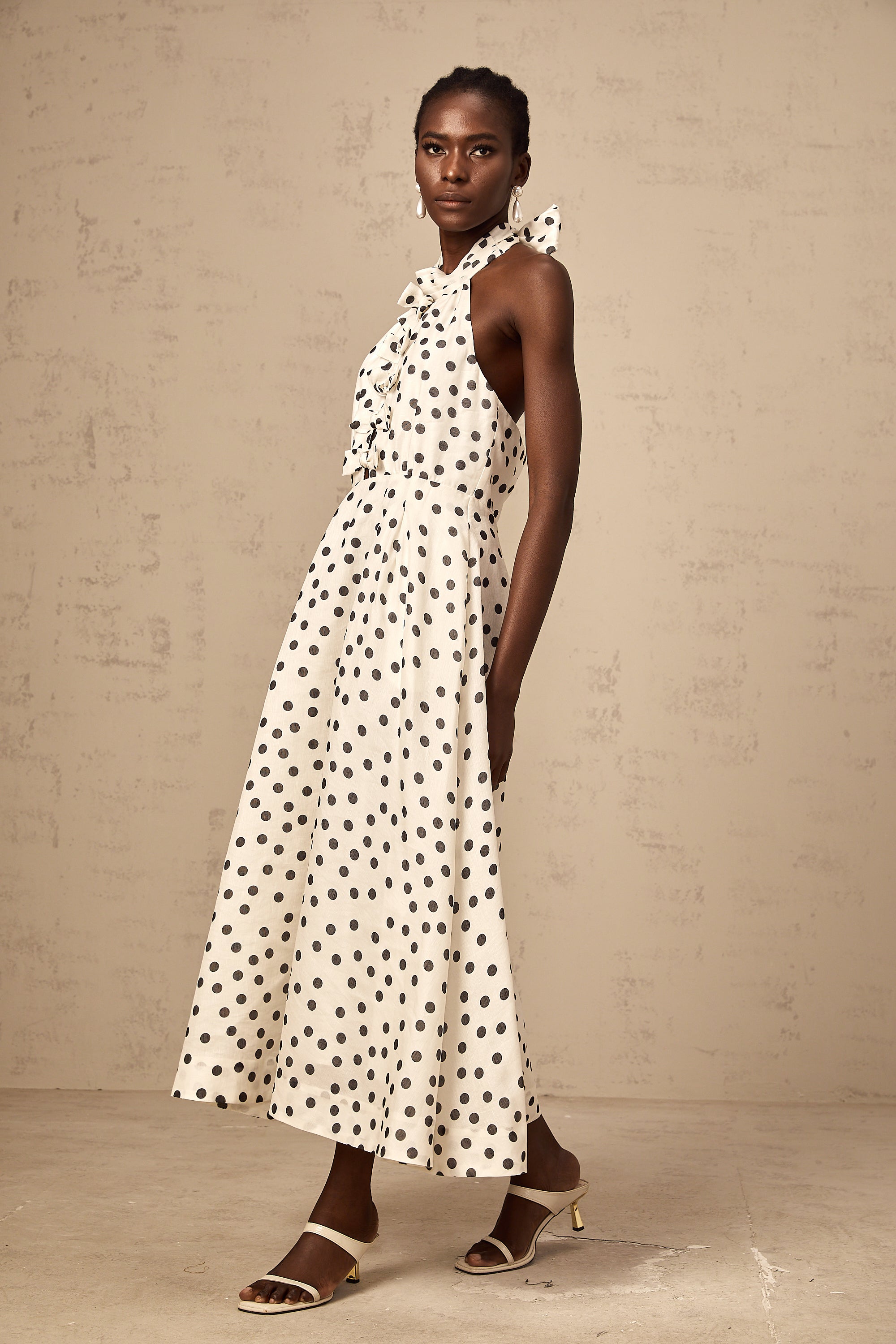 Audrey white bowknot polka-dot midi dress