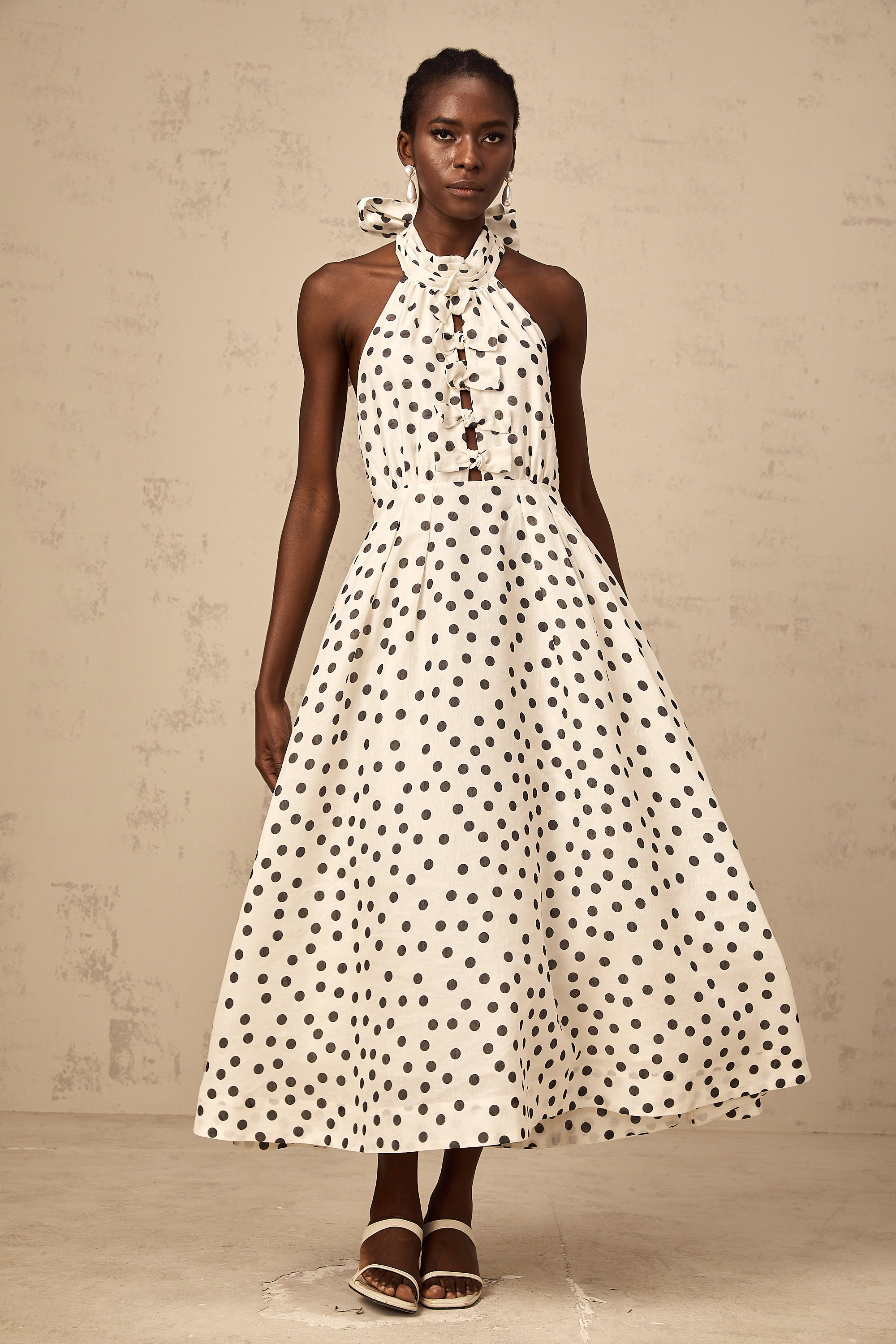 Audrey white bowknot polka-dot midi dress