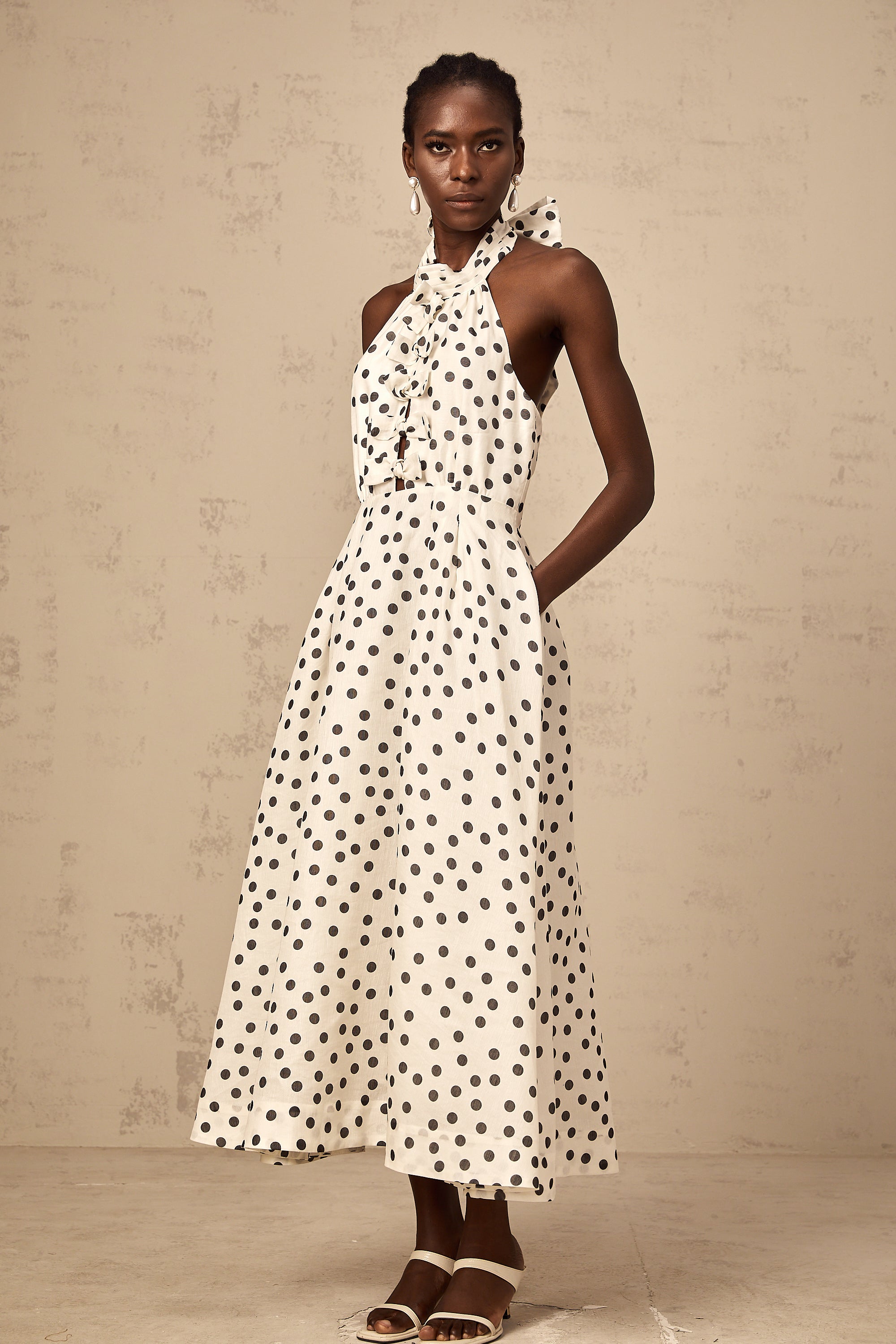 Audrey white bowknot polka-dot midi dress