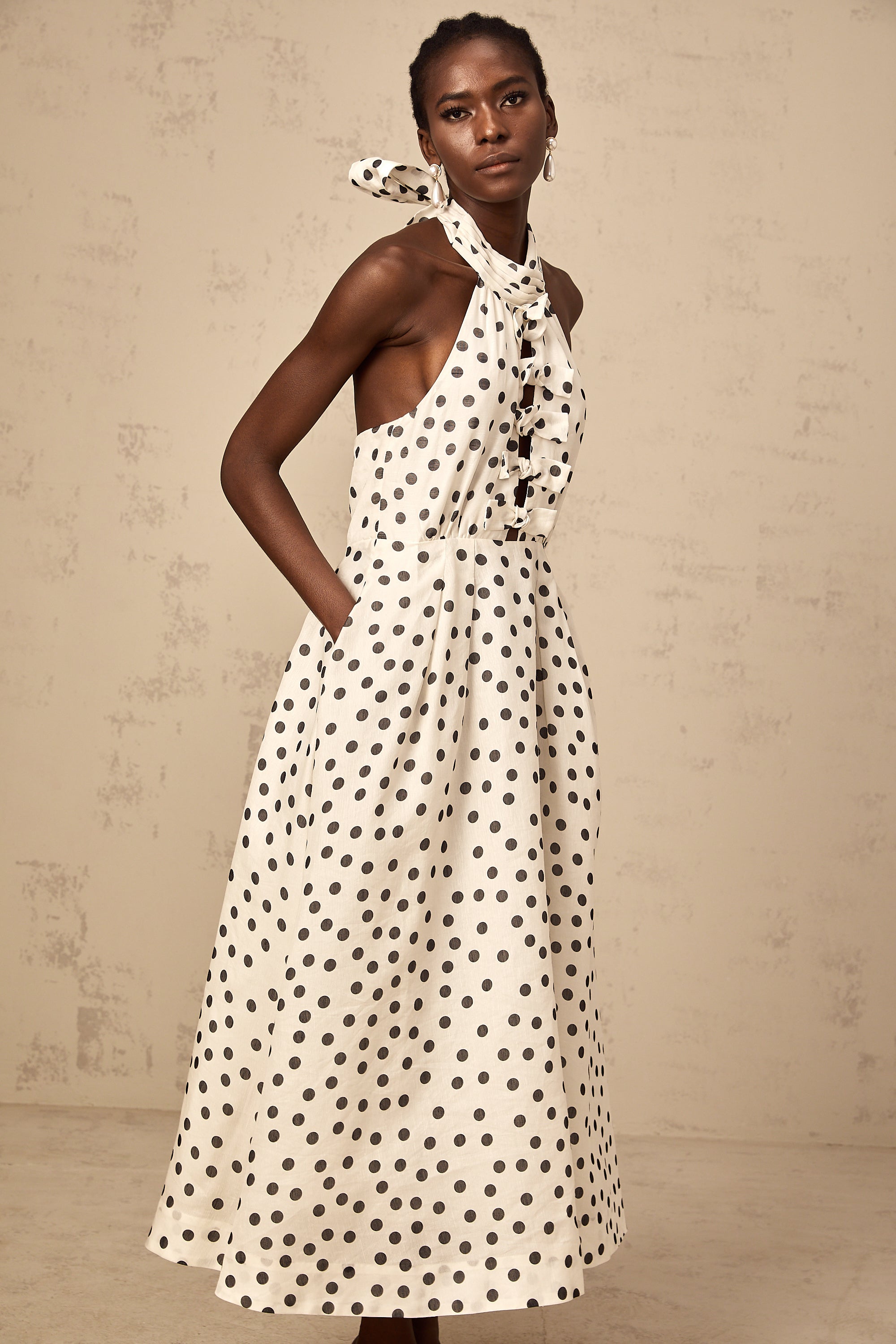 Audrey white bowknot polka-dot midi dress