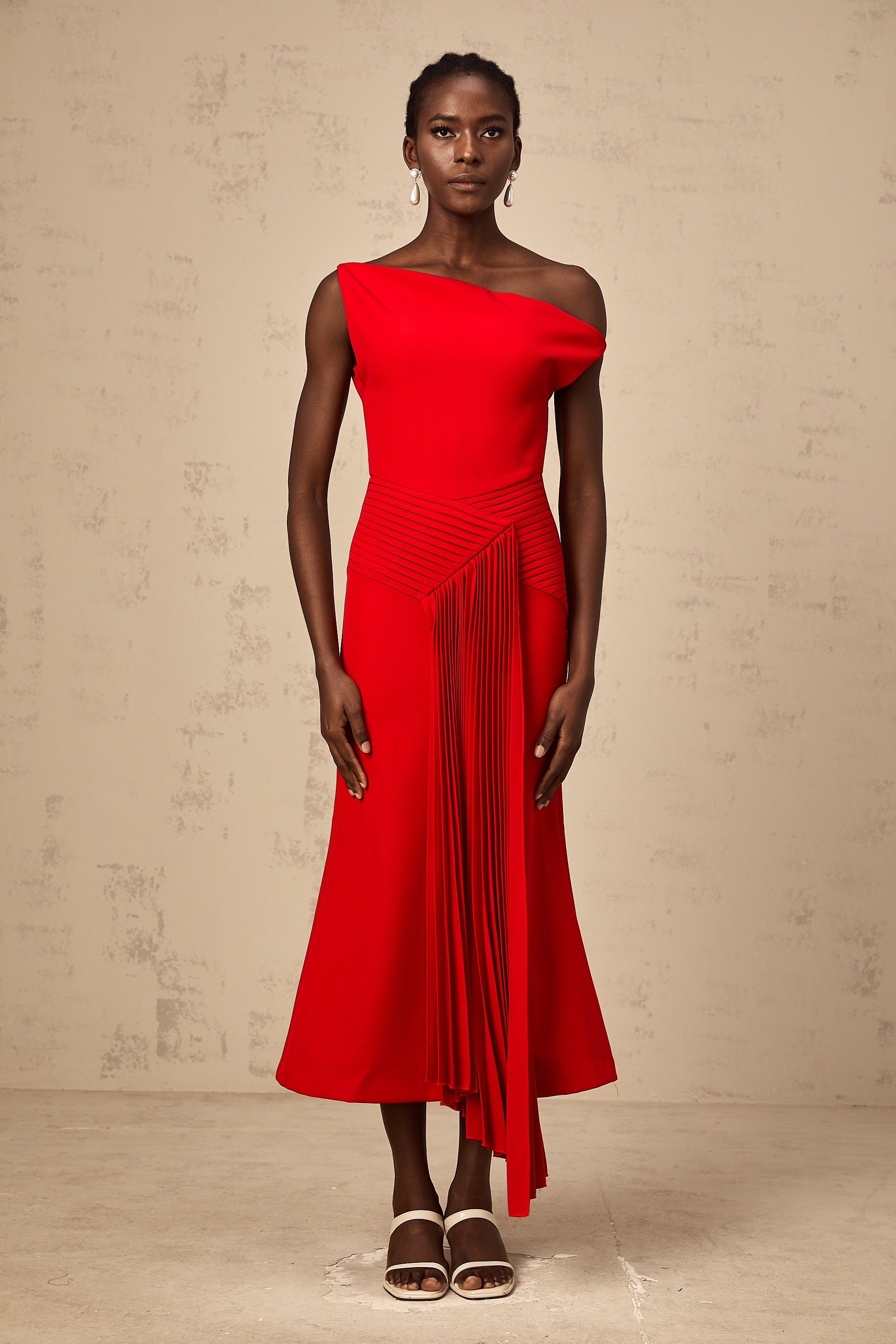 Laurine asymmetrical draped midi dress in Red
