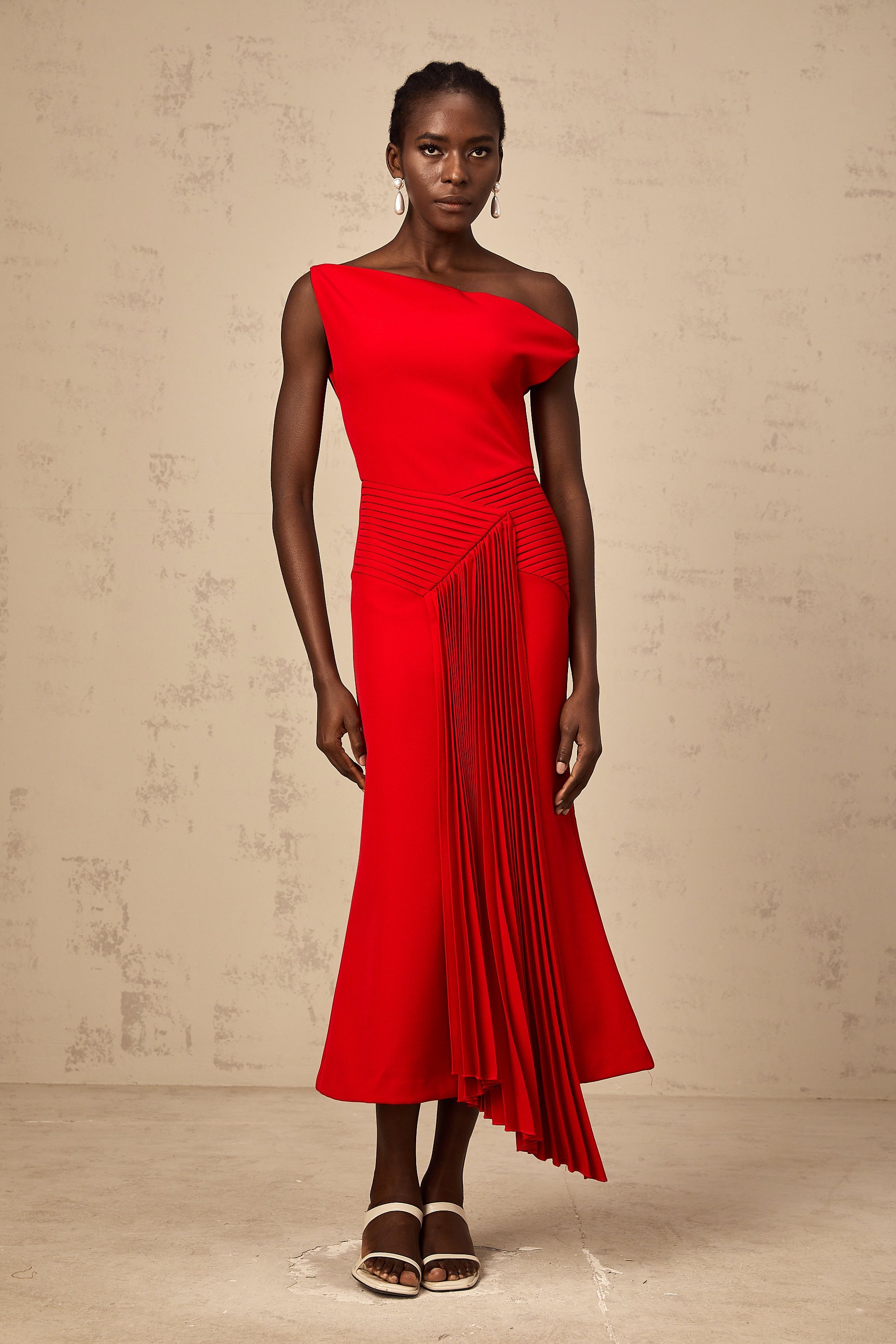 Laurine asymmetrical draped midi dress in Red