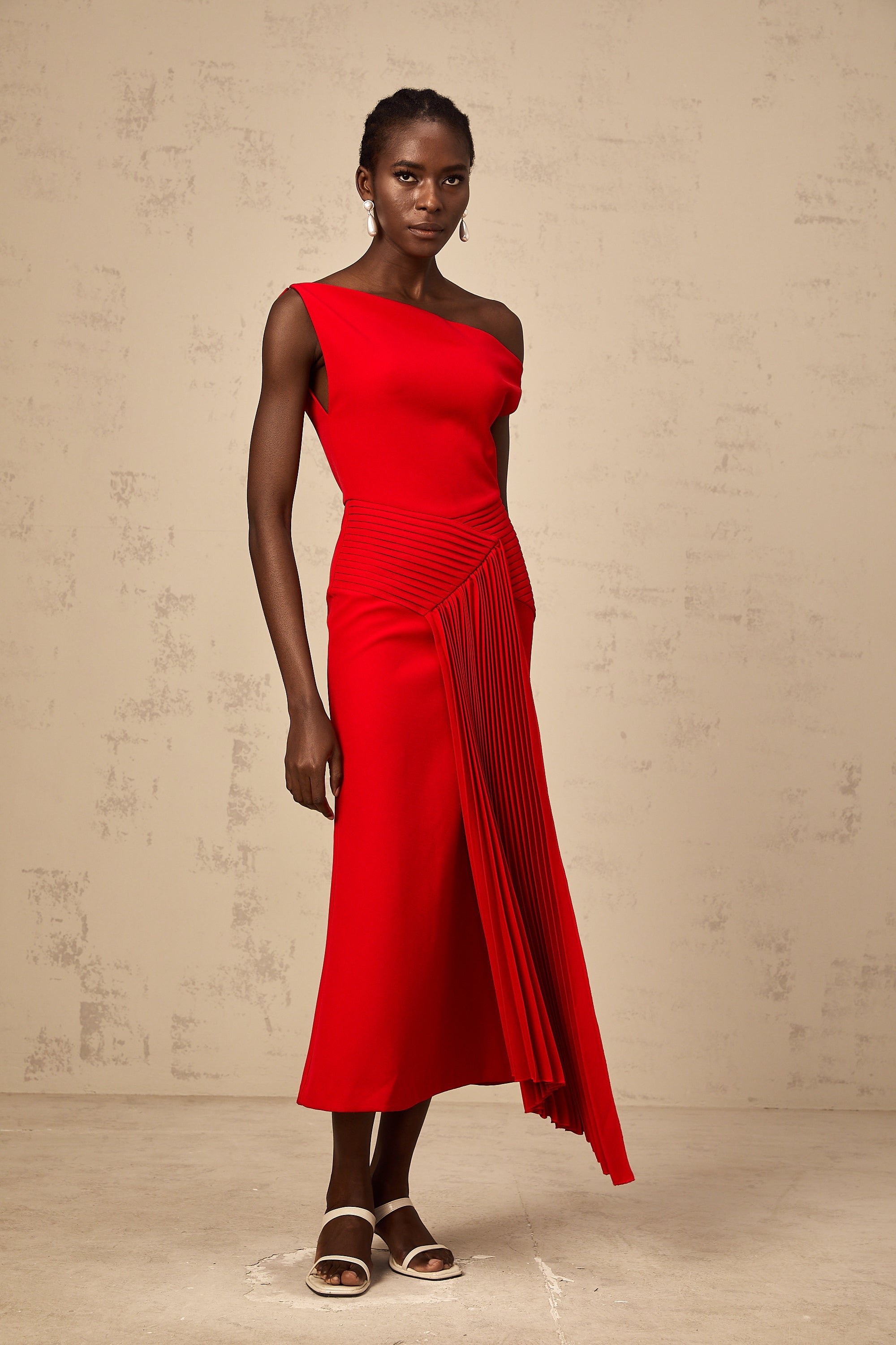 Laurine asymmetrical draped midi dress in Red