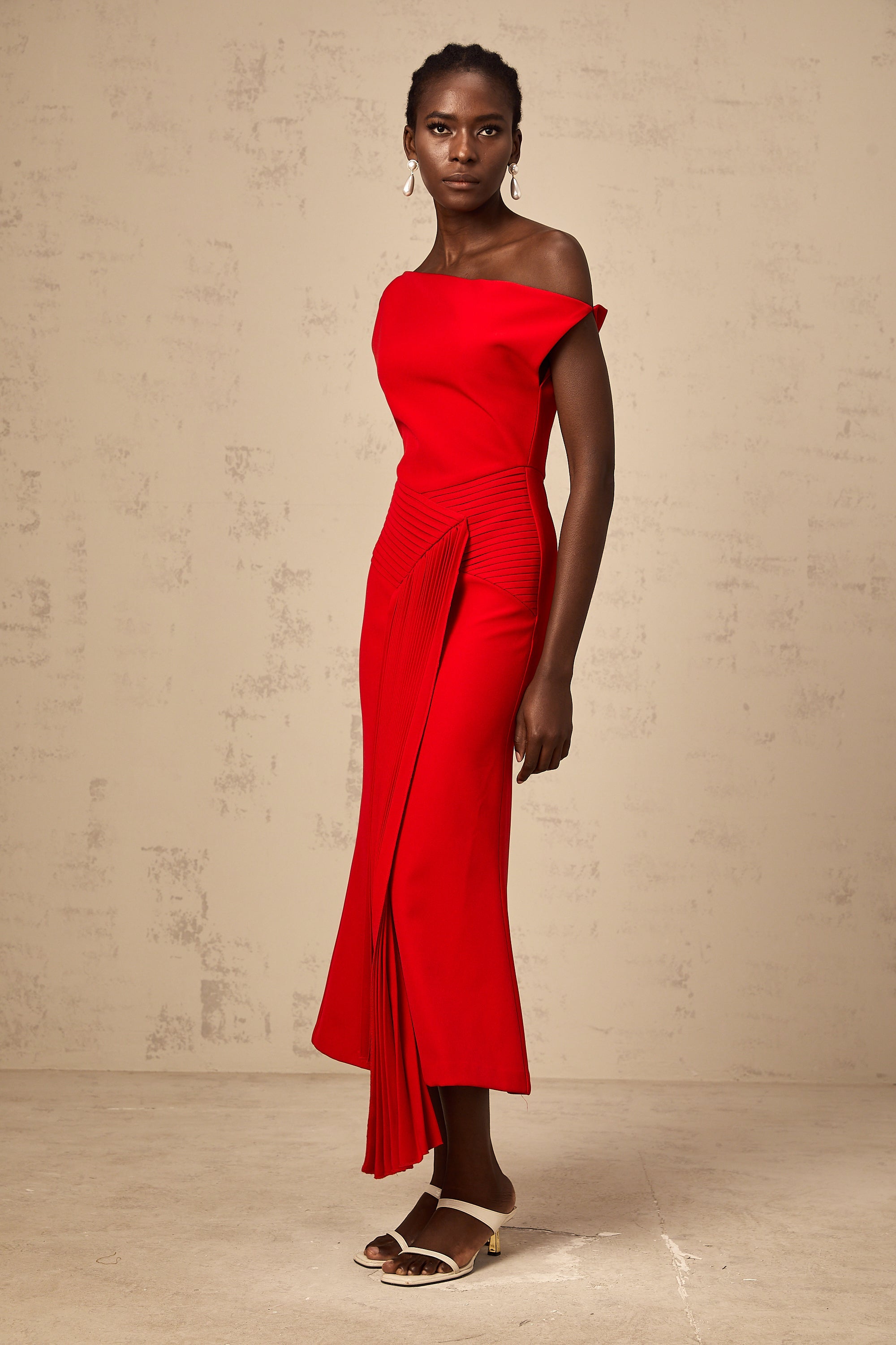 Laurine asymmetrical draped midi dress in Red