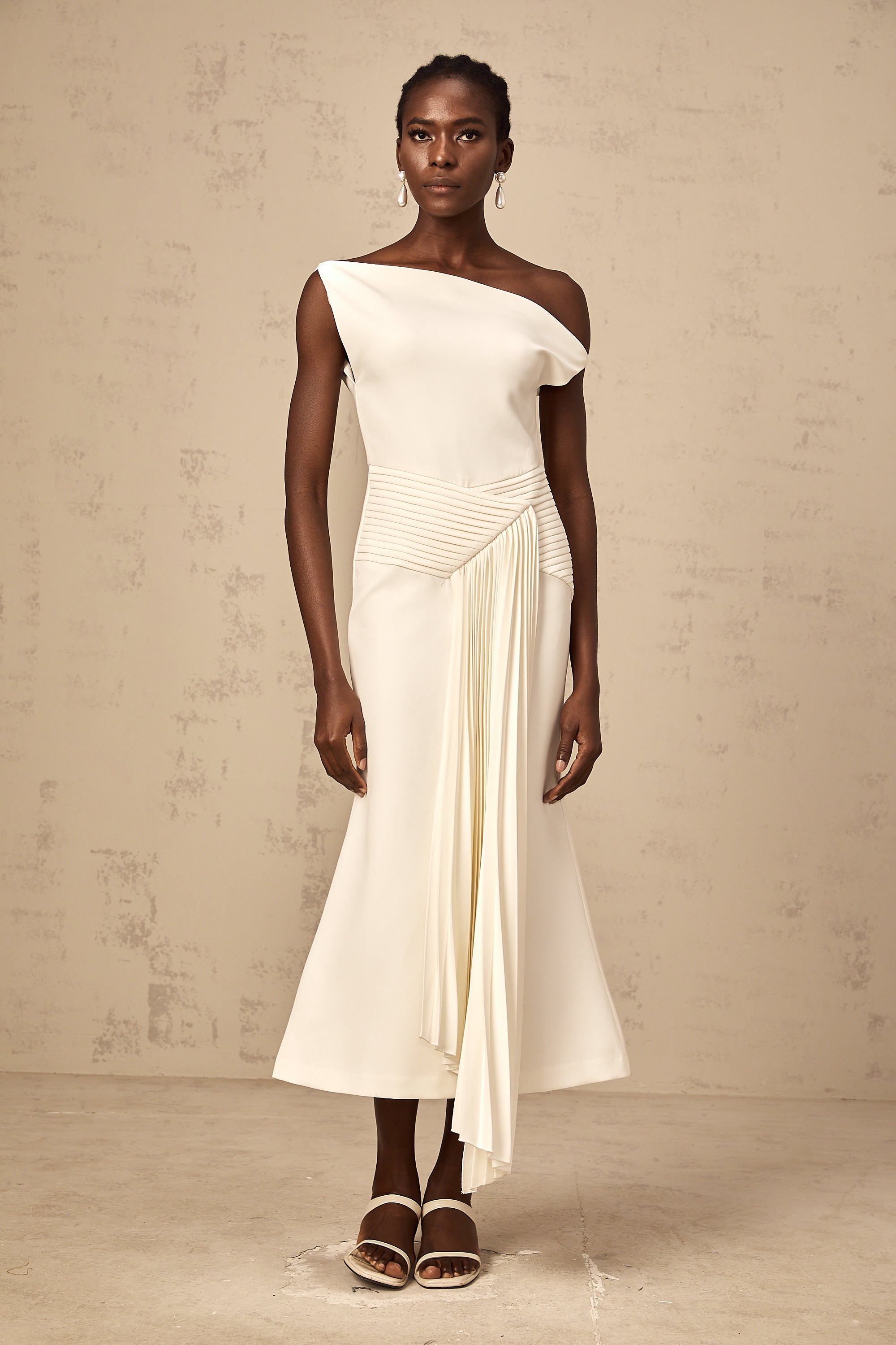 Laurine asymmetrical draped midi dress in White