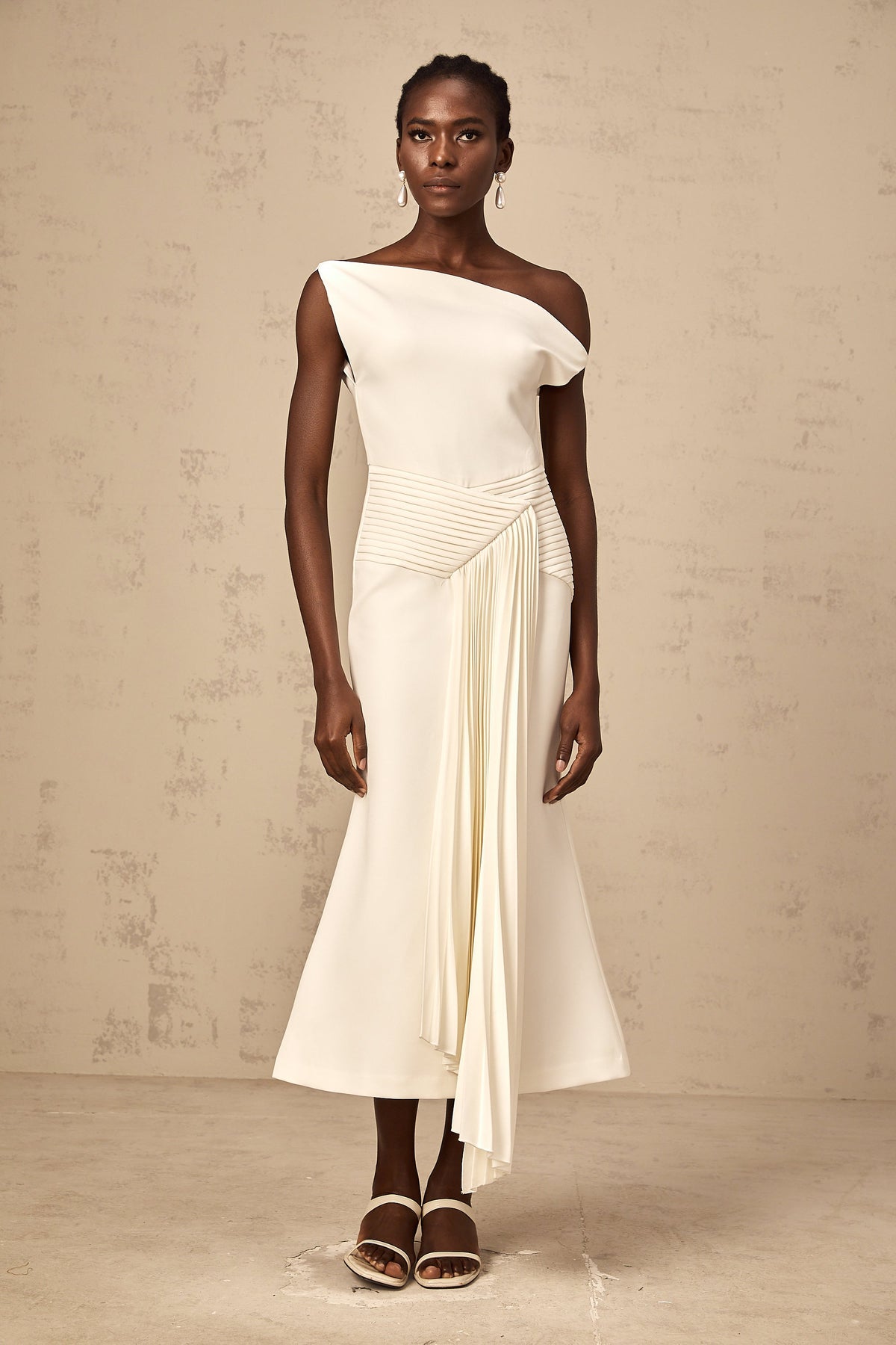 Laurine asymmetrical draped midi dress in White (Final Sale-US Only)