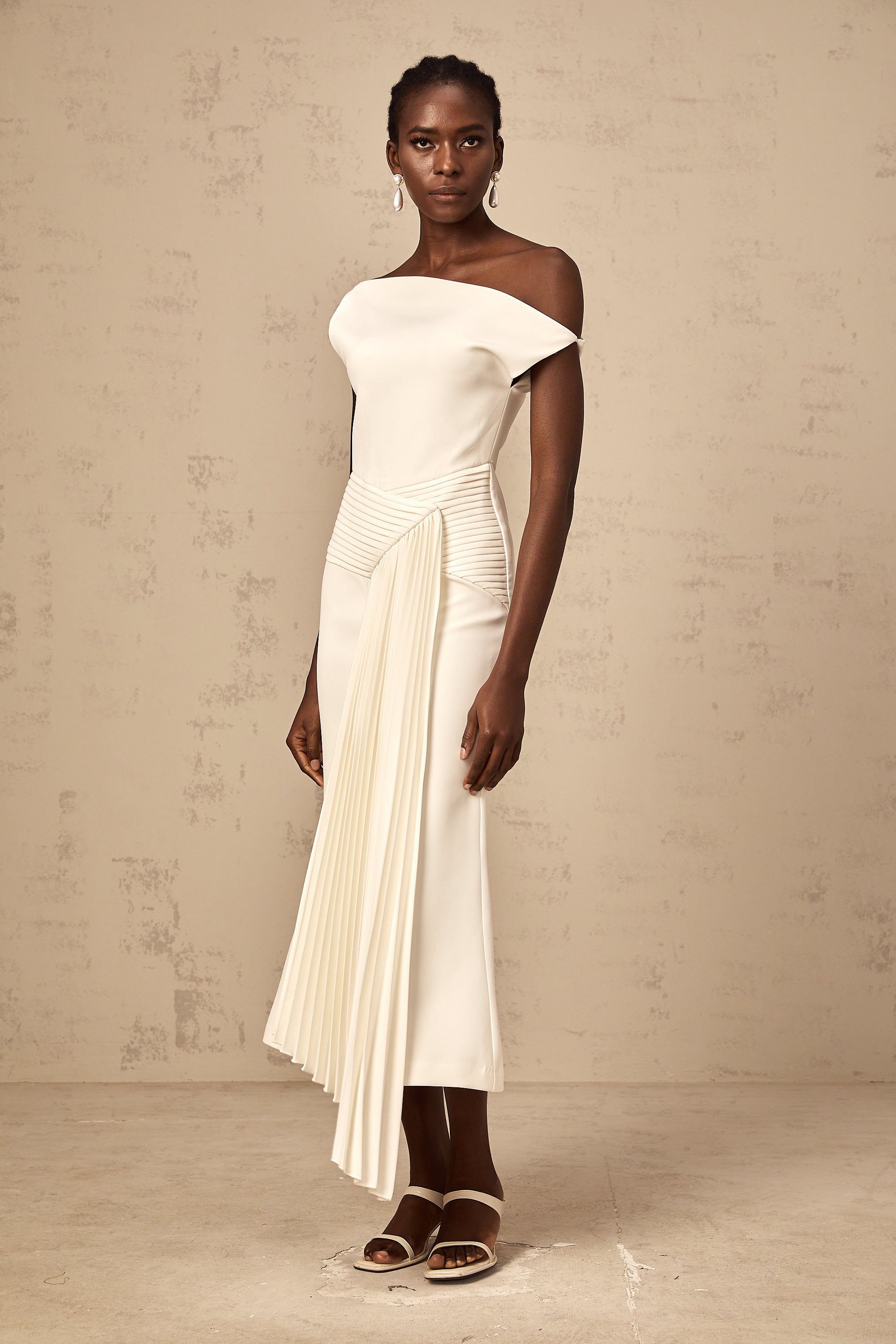 Laurine asymmetrical draped midi dress in White