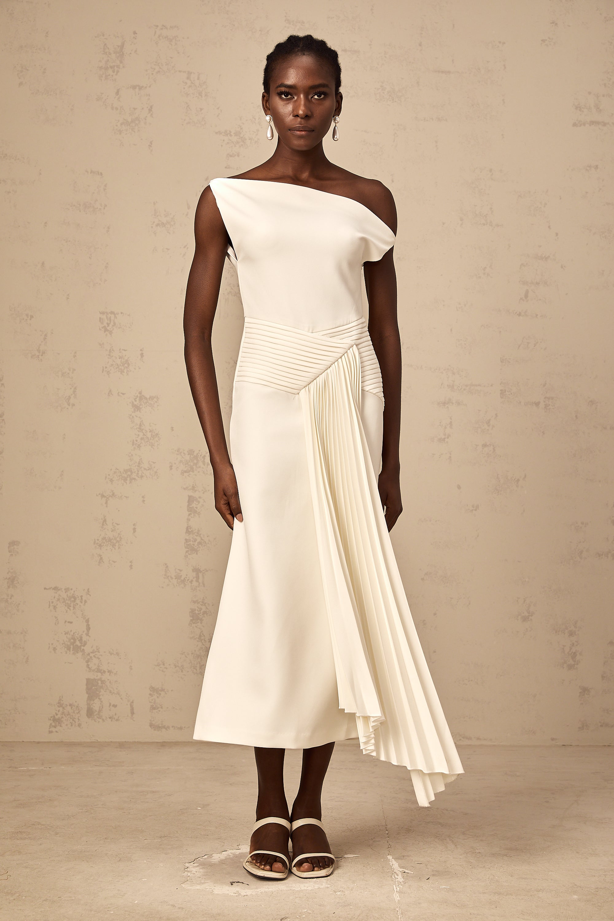Laurine asymmetrical draped midi dress in White