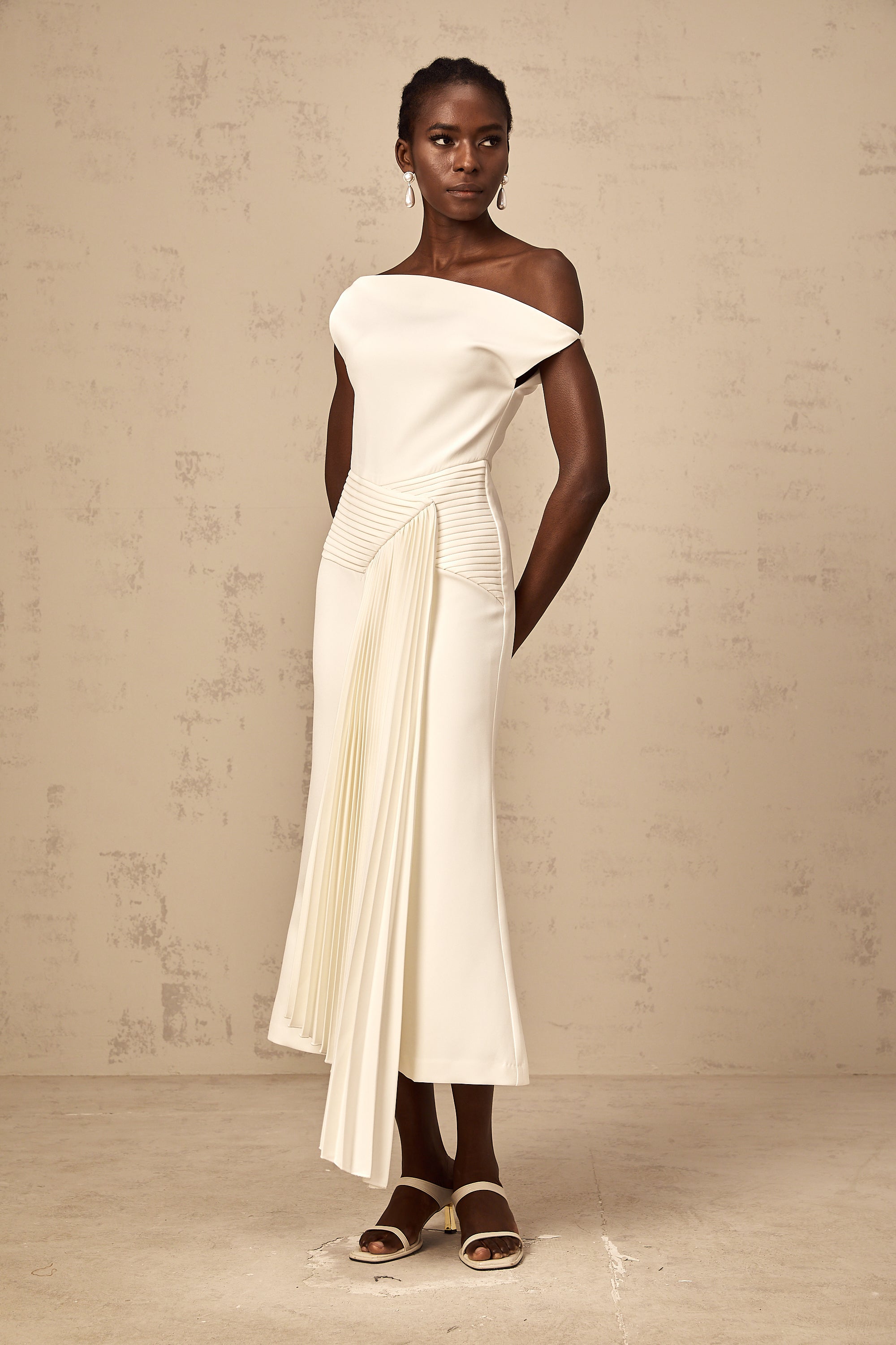 Laurine asymmetrical draped midi dress in White