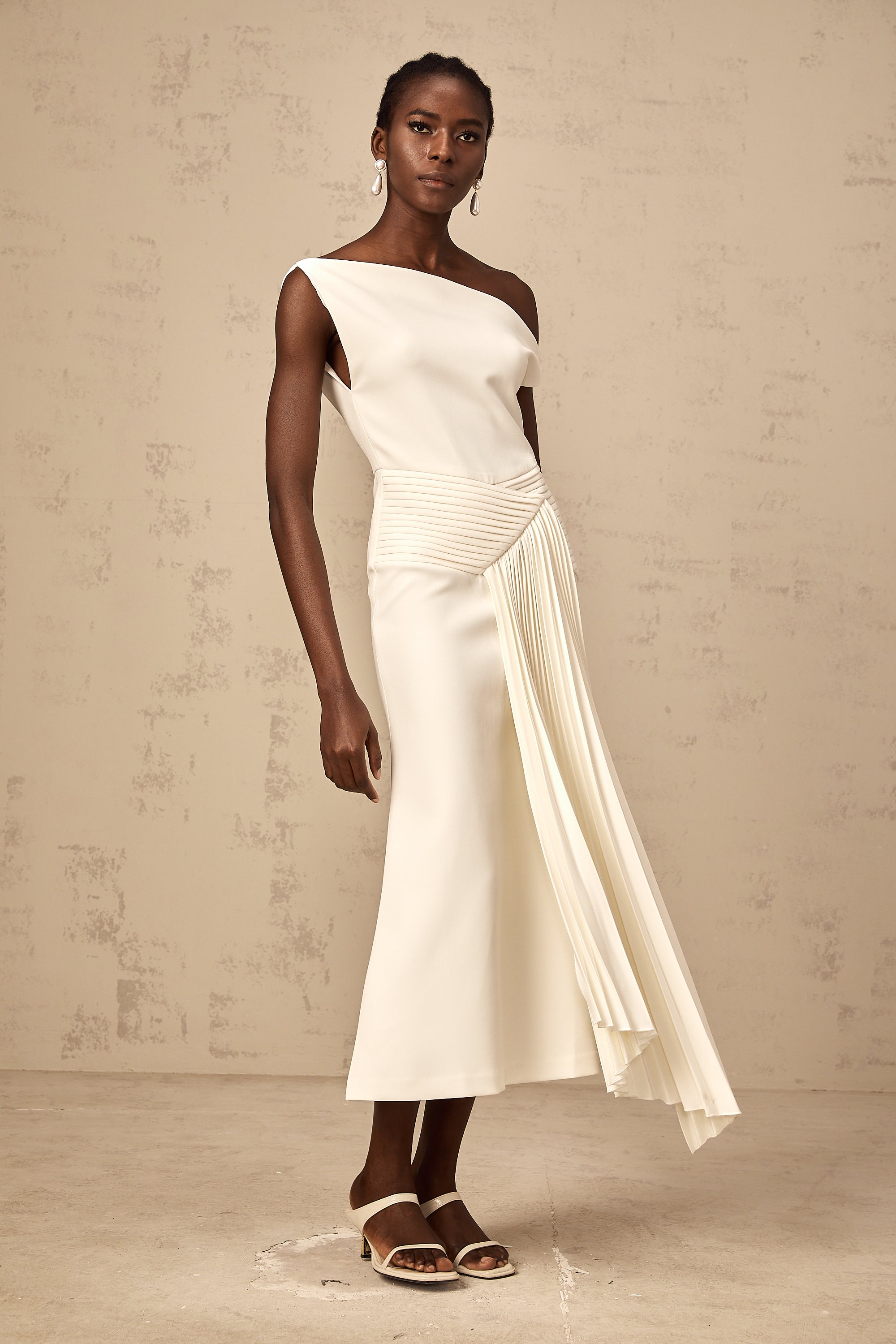 Laurine asymmetrical draped midi dress in White