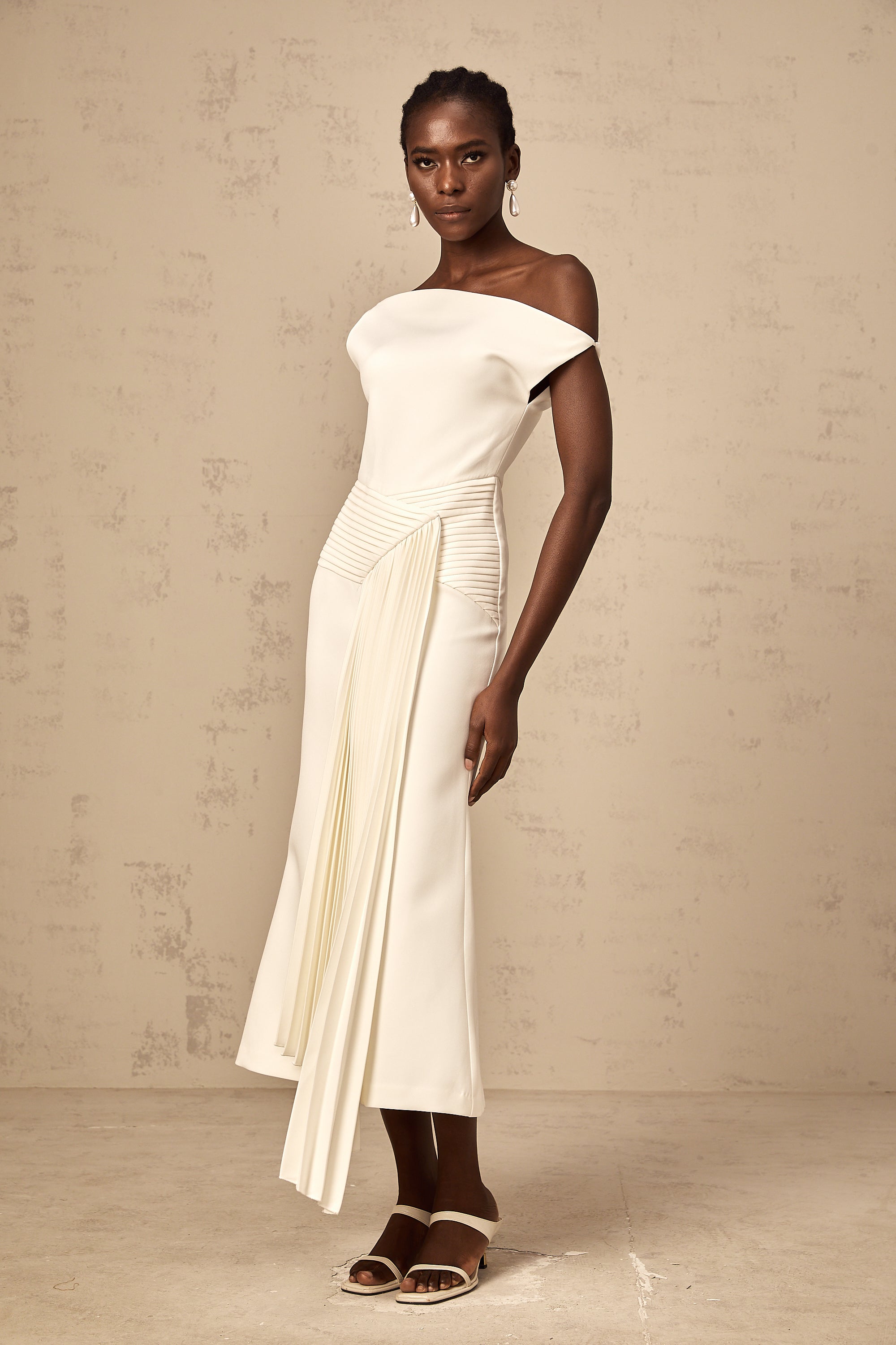 Laurine asymmetrical draped midi dress in White
