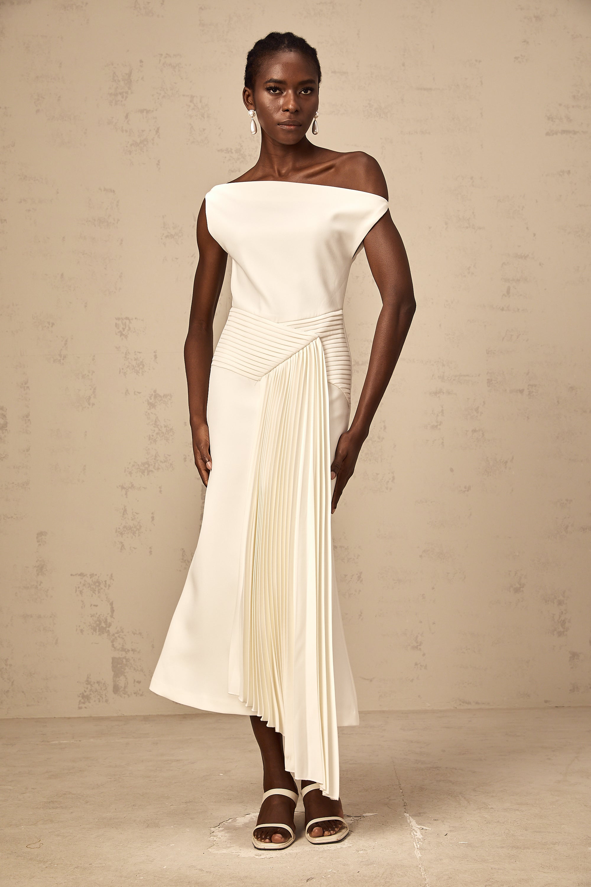 Laurine asymmetrical draped midi dress in White