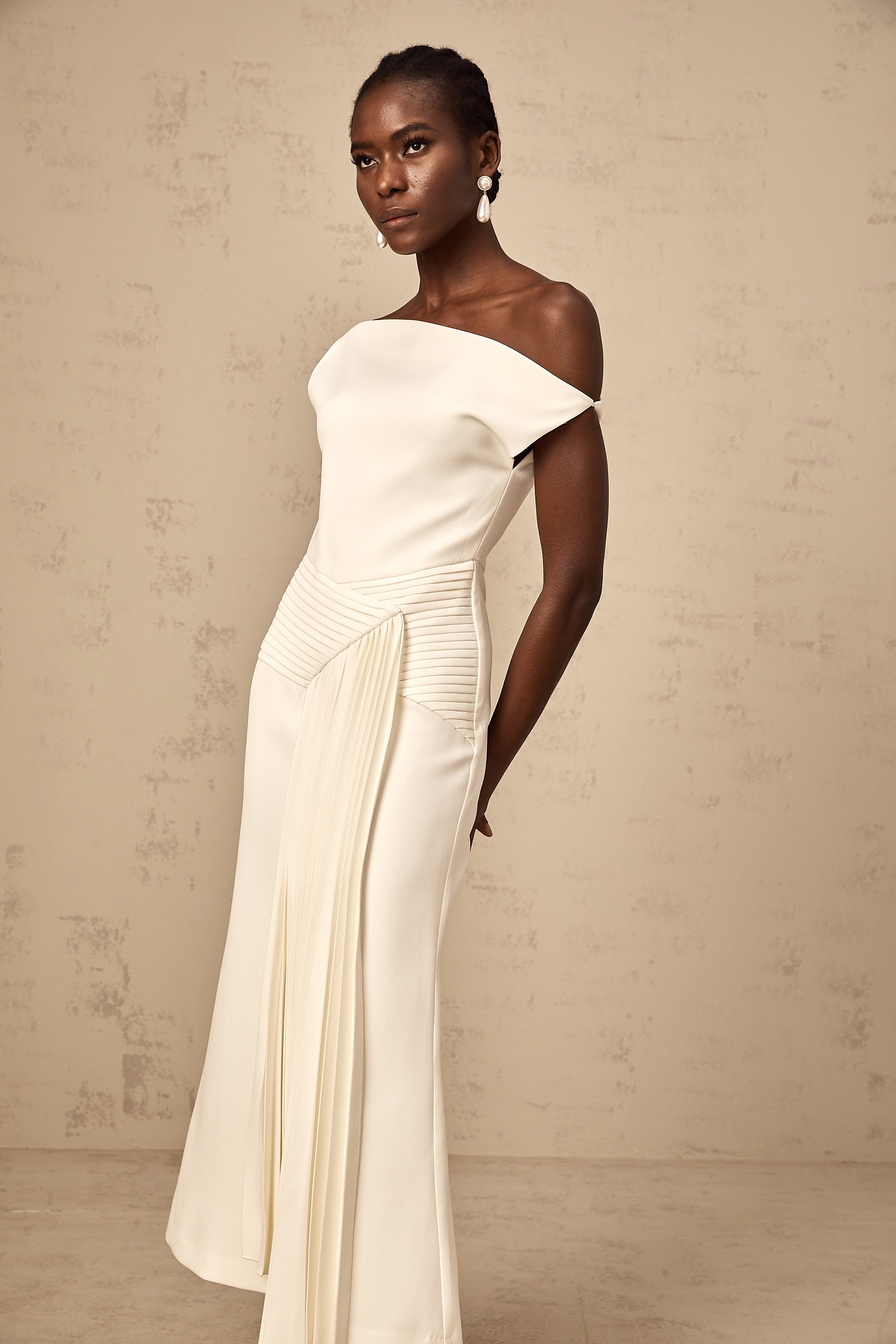 Laurine asymmetrical draped midi dress in White