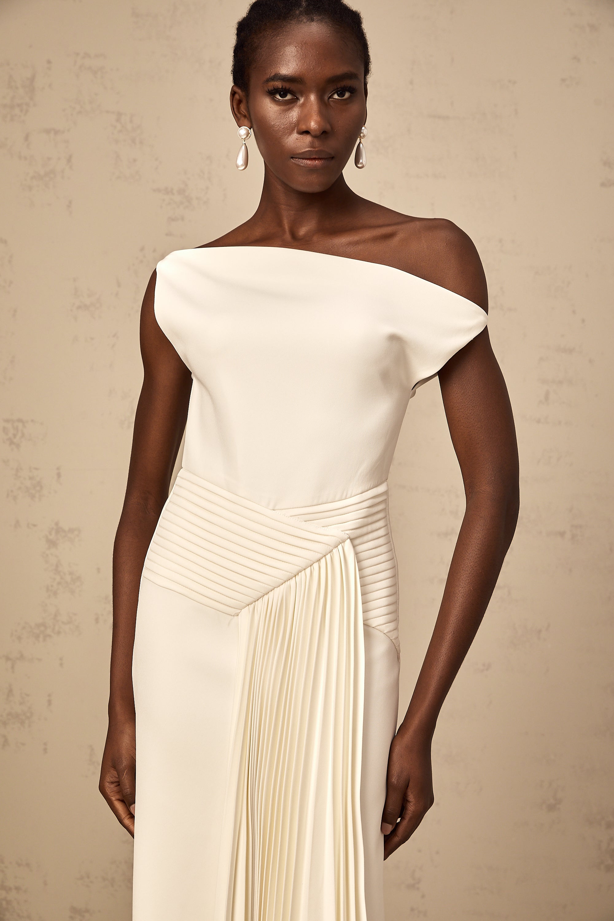 Laurine asymmetrical draped midi dress in White