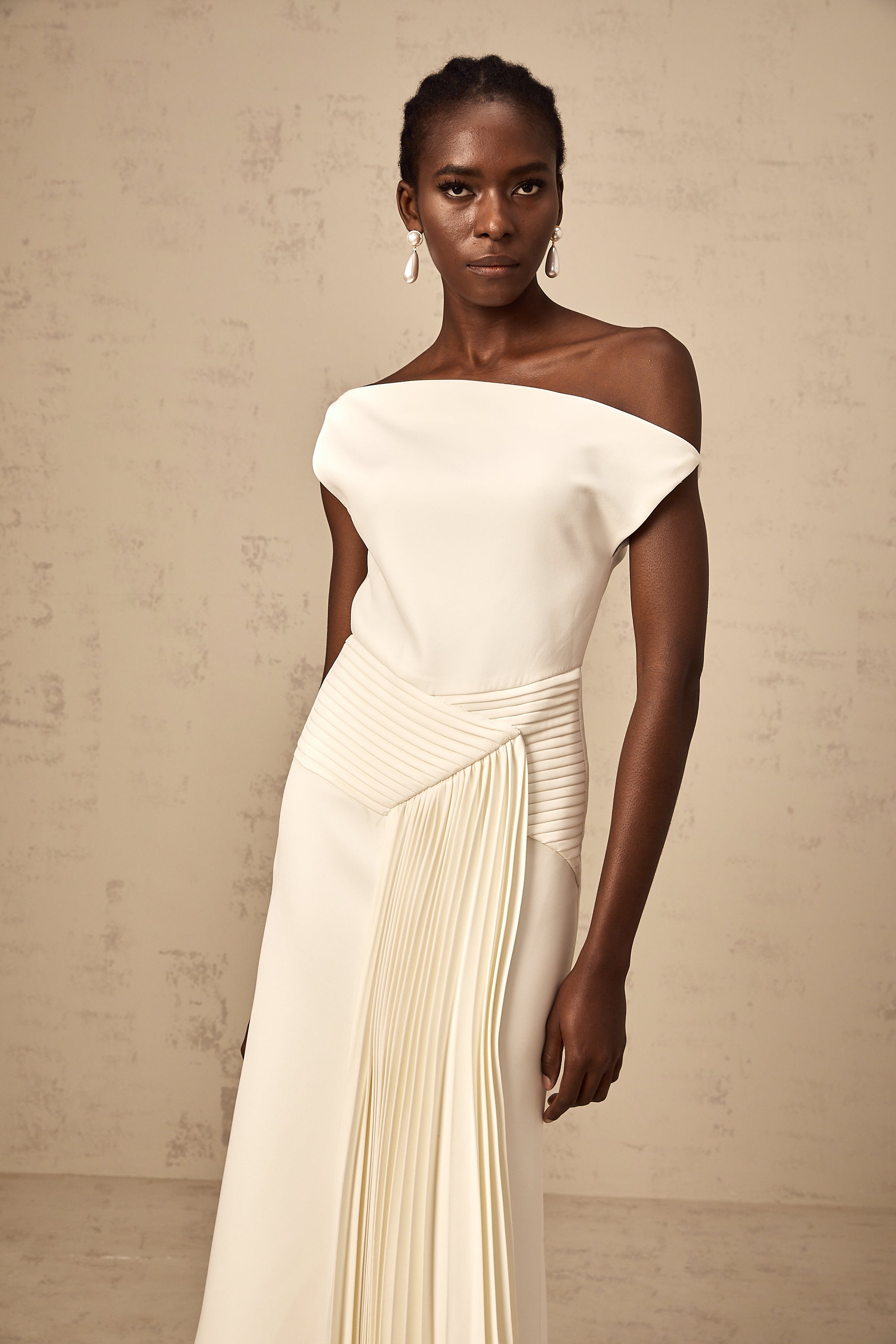 Laurine asymmetrical draped midi dress in White