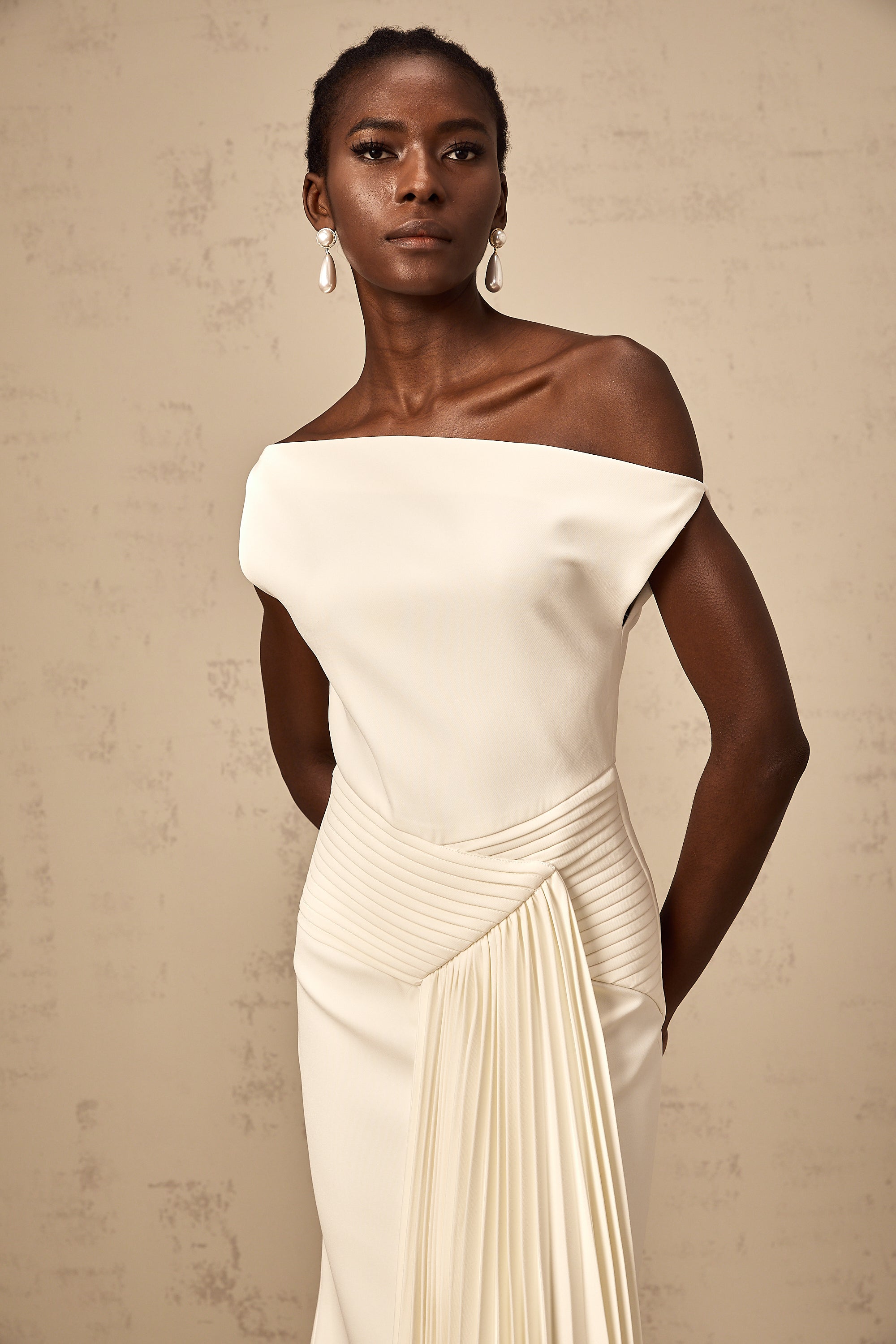 Laurine asymmetrical draped midi dress in White
