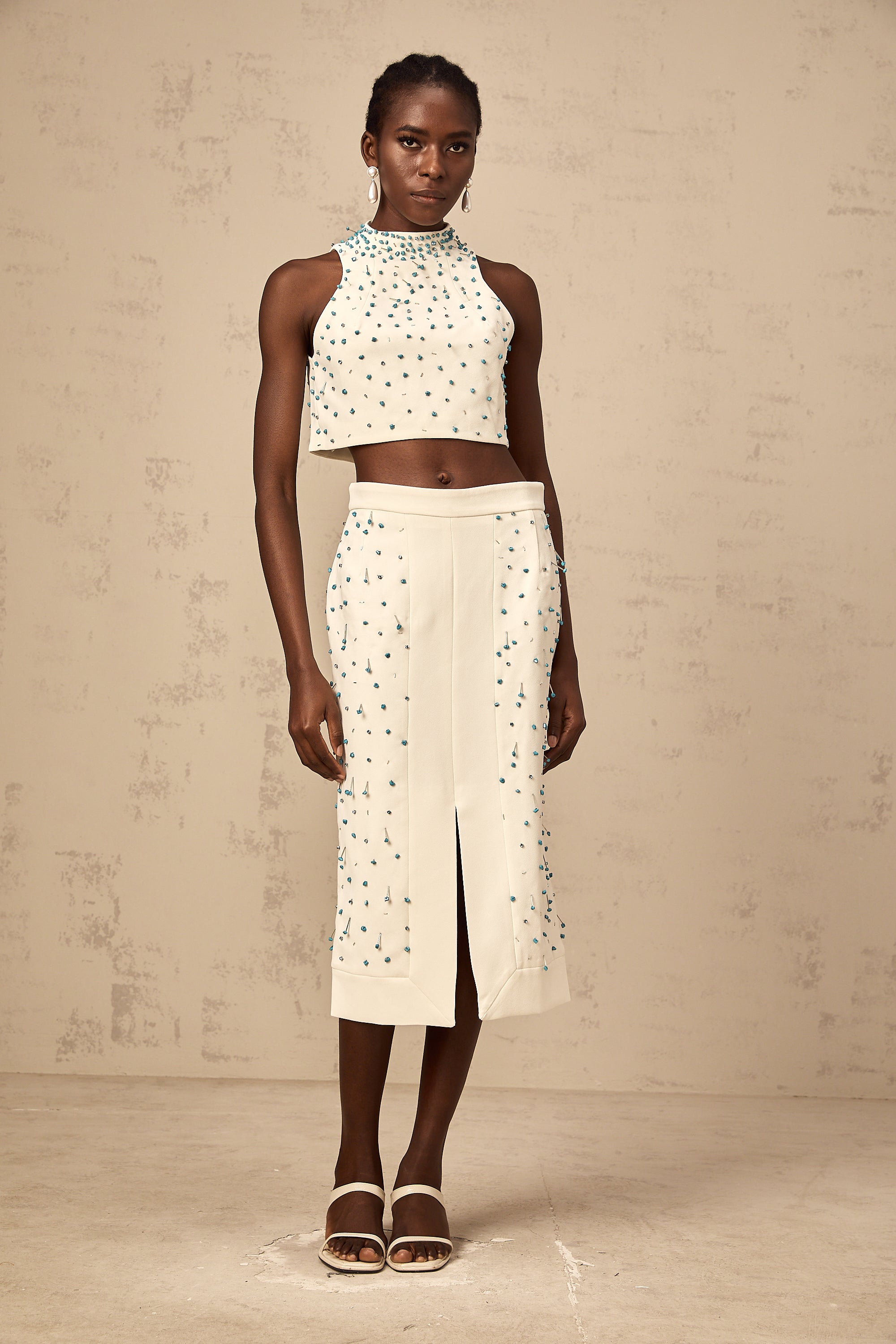 Clothilde off-white embellished top & skirt matching set