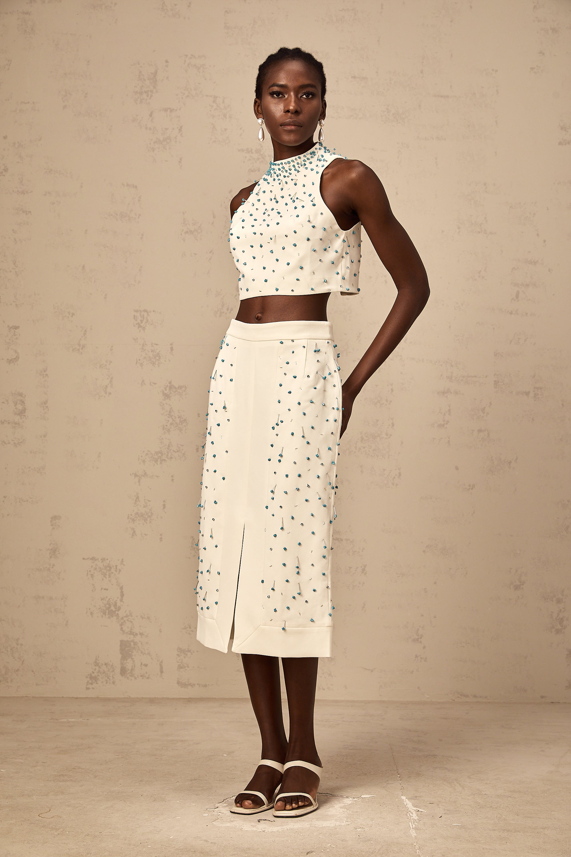 Clothilde off-white embellished top & skirt matching set