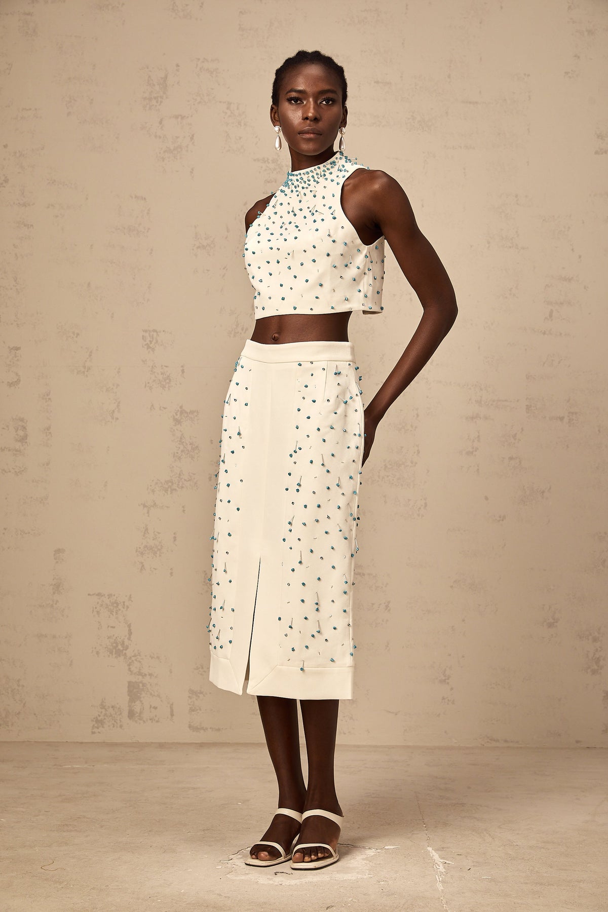 Clothilde off-white embellished top & skirt matching set