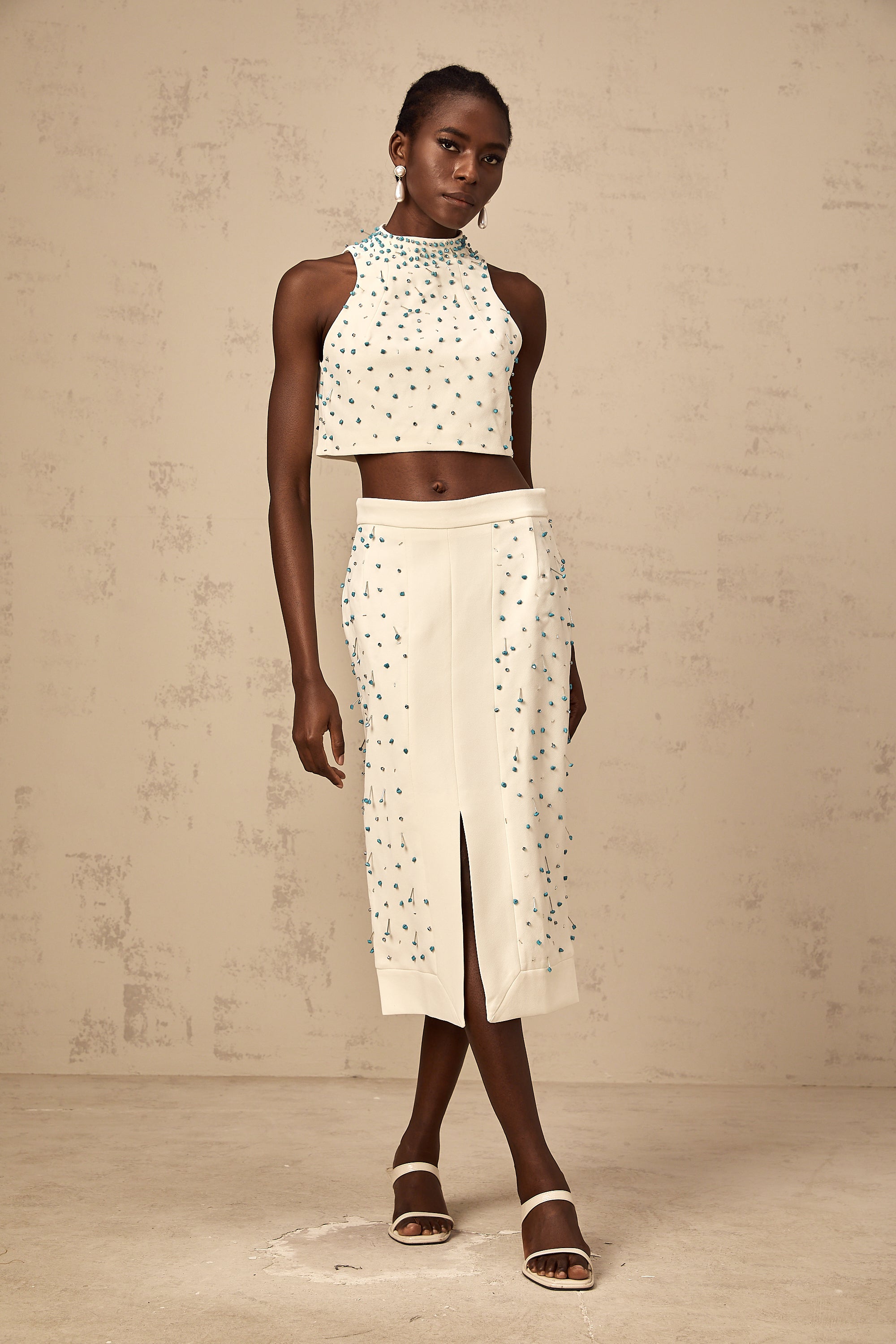 Clothilde off-white embellished top & skirt matching set