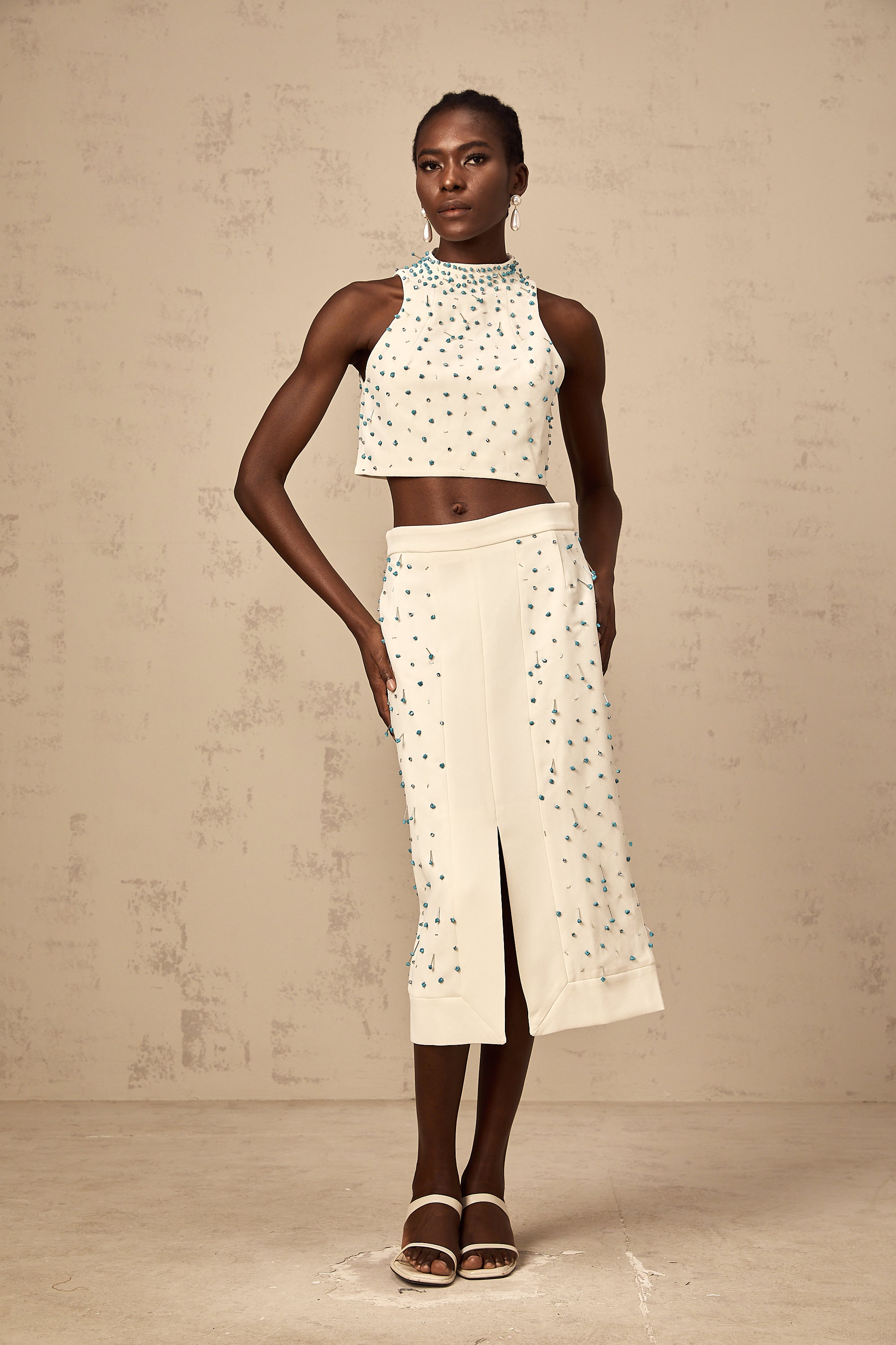 Clothilde off-white embellished top & skirt matching set