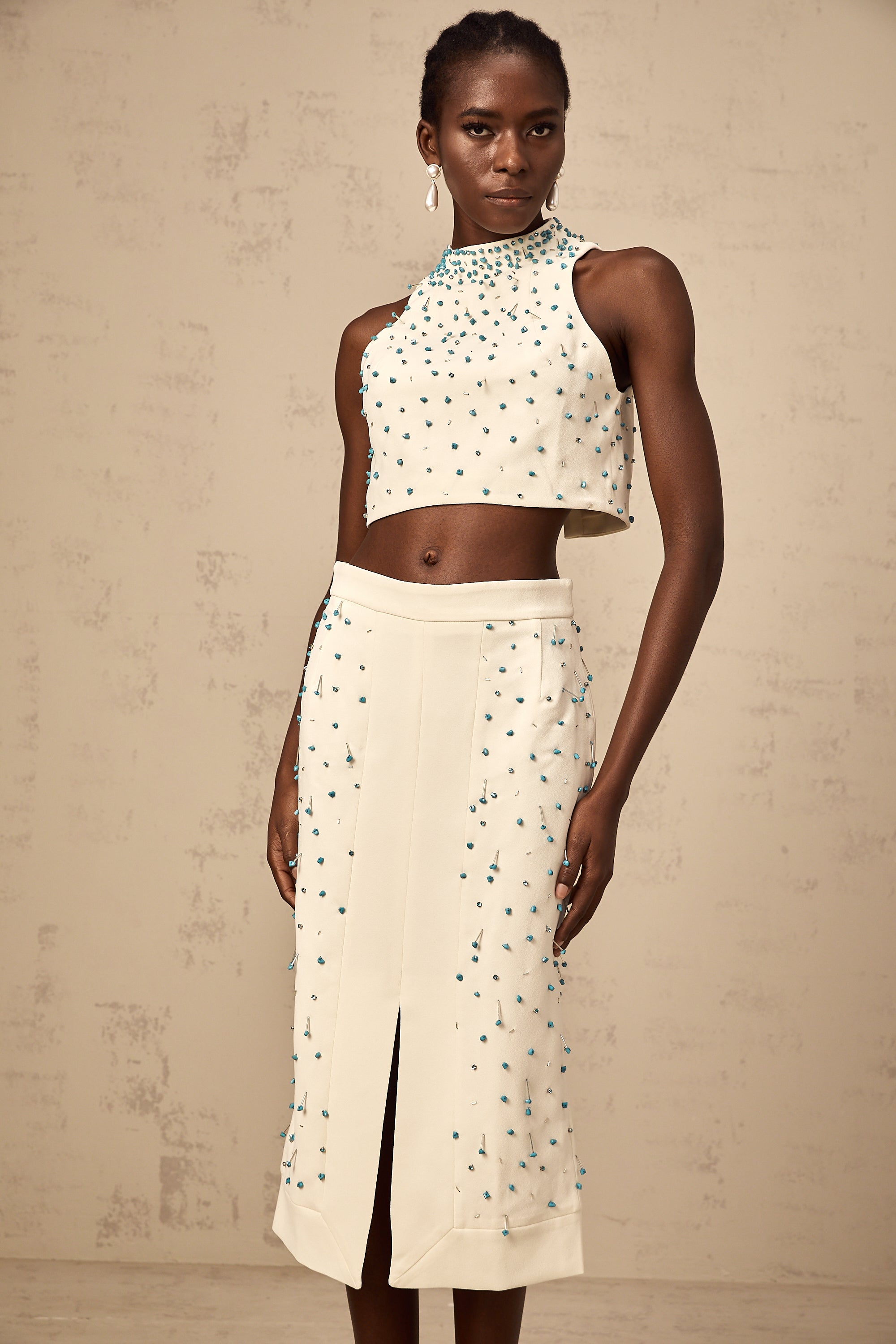 Clothilde off-white embellished top & skirt matching set