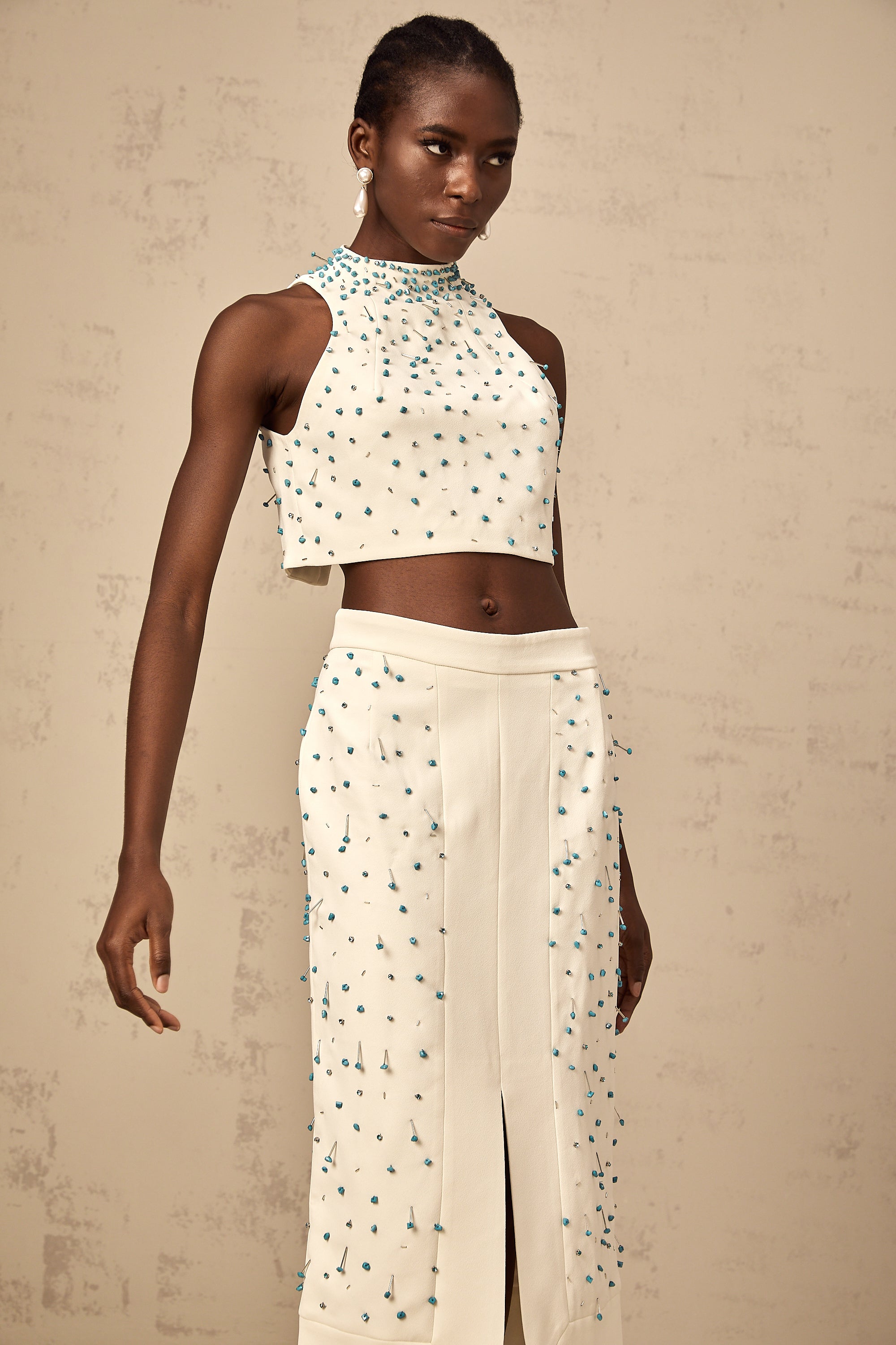 Clothilde off-white embellished top & skirt matching set