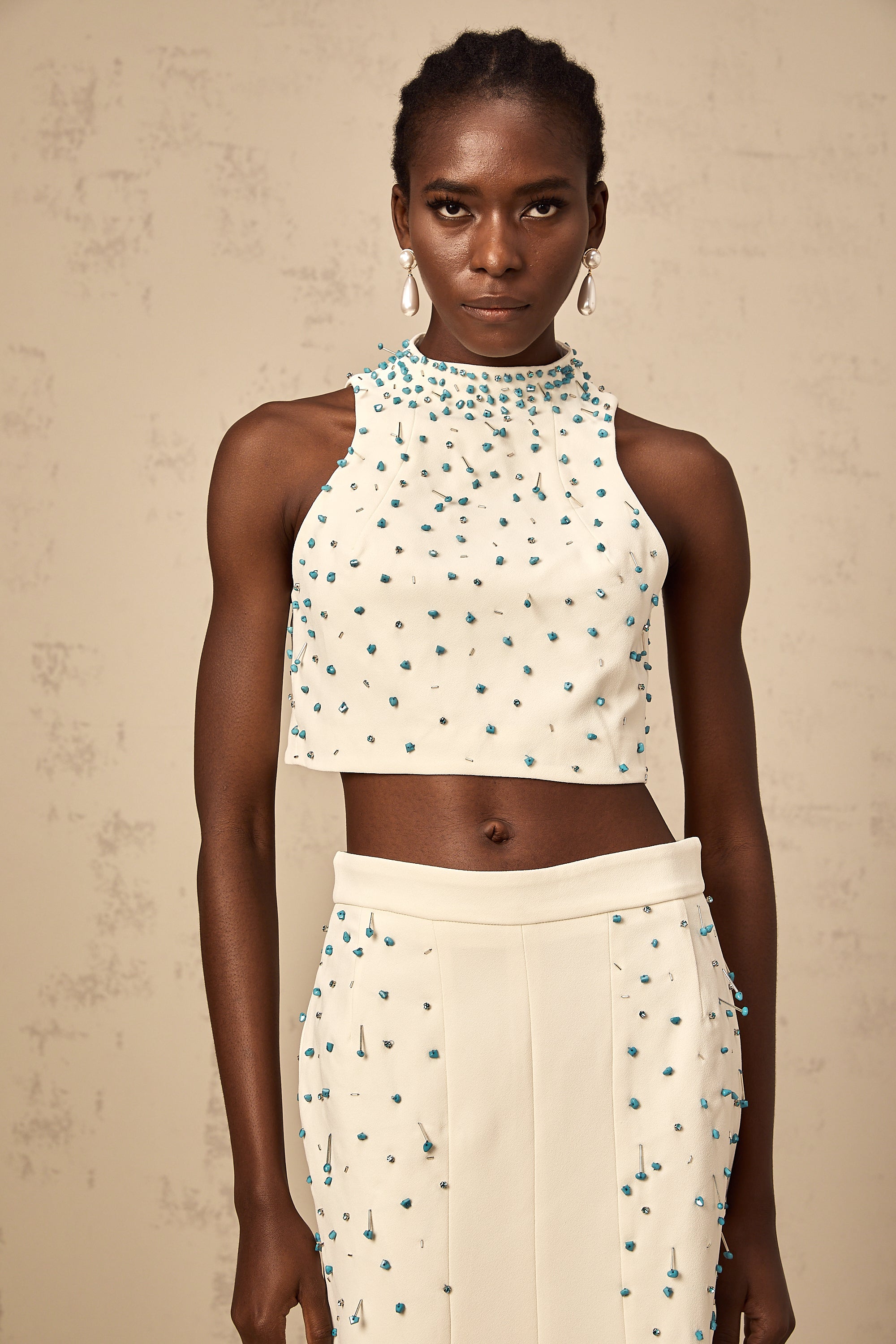 Clothilde off-white embellished top & skirt matching set