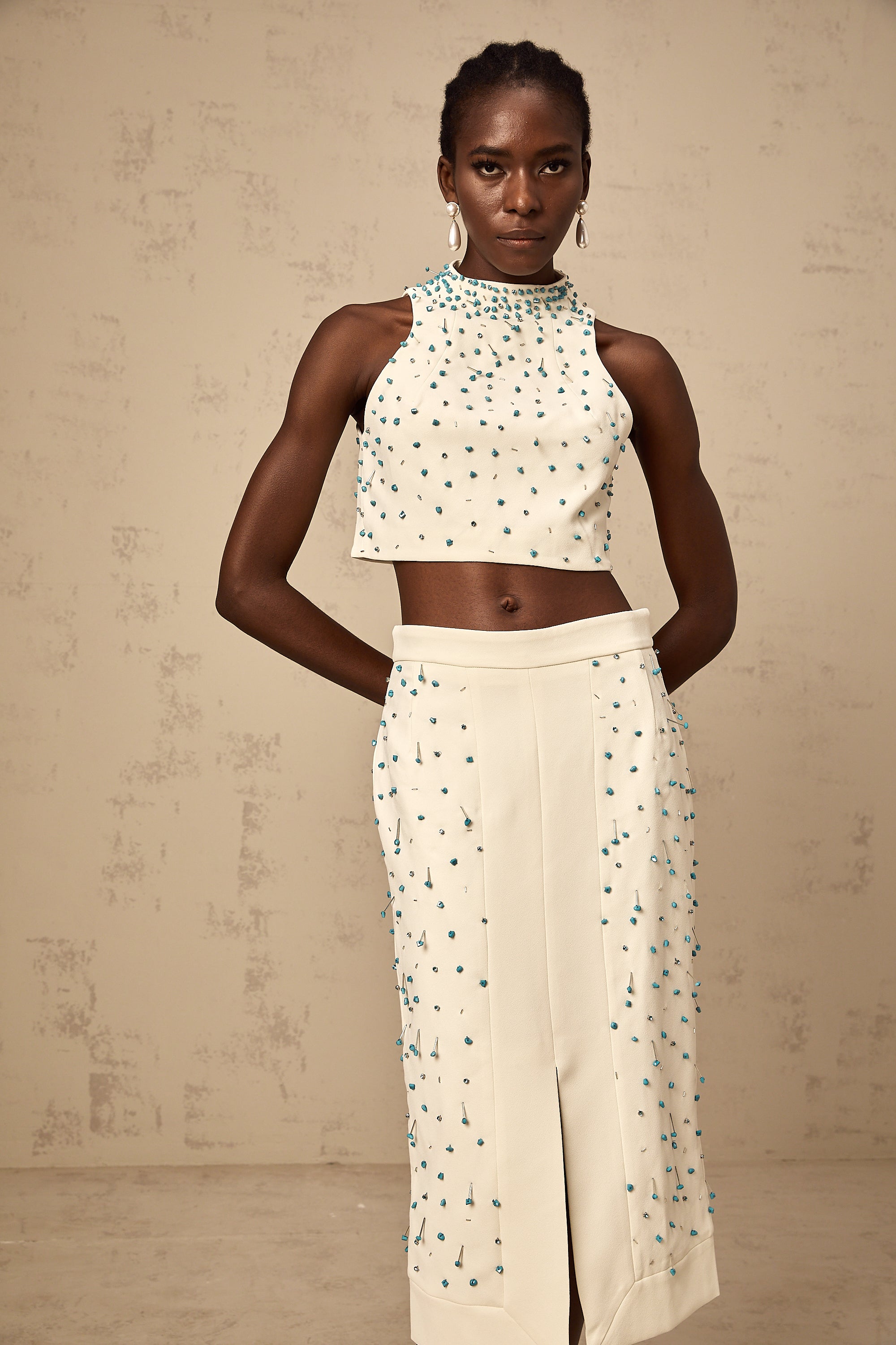Clothilde off-white embellished top & skirt matching set