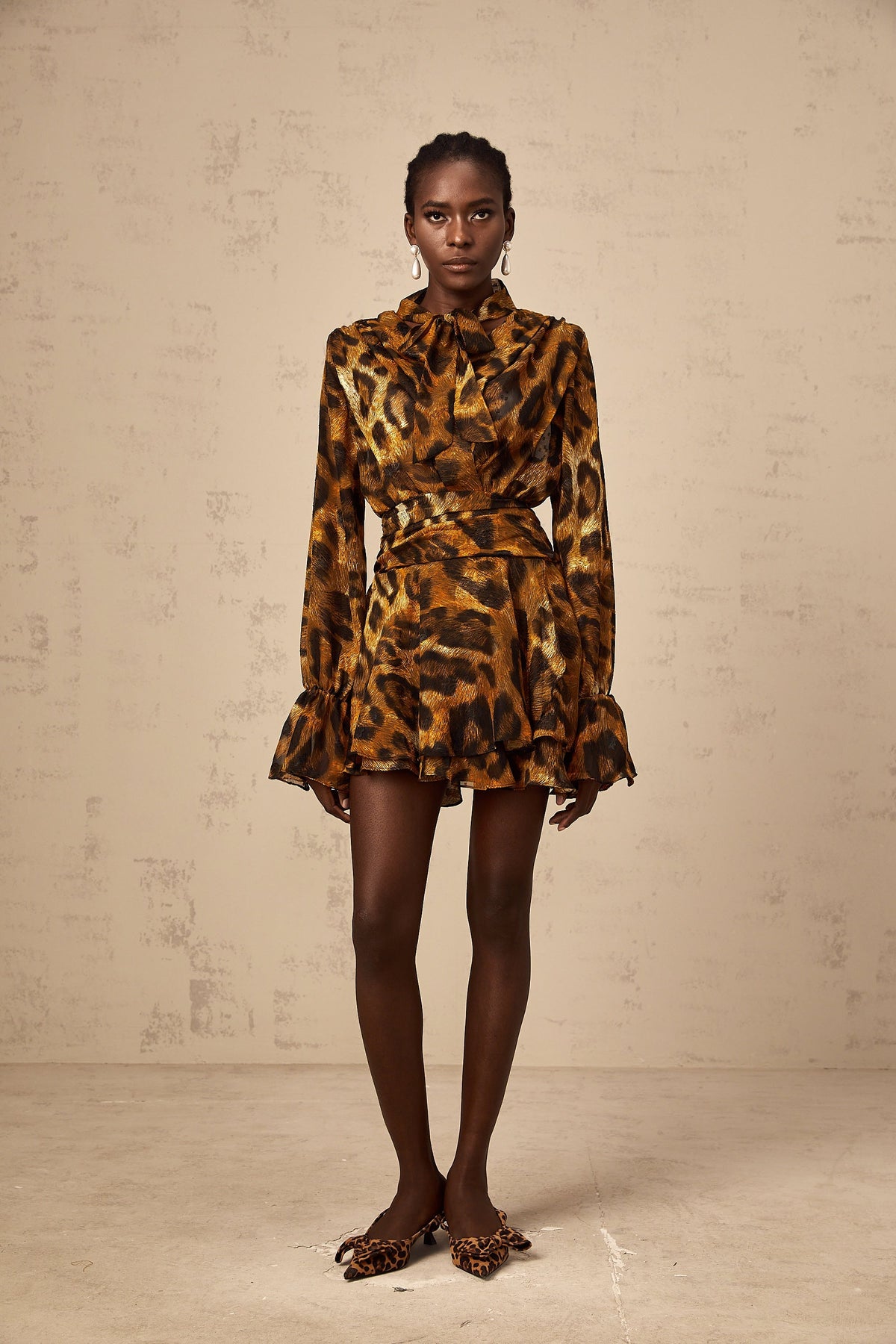 Alizée brown leopard-print flounce mini dress