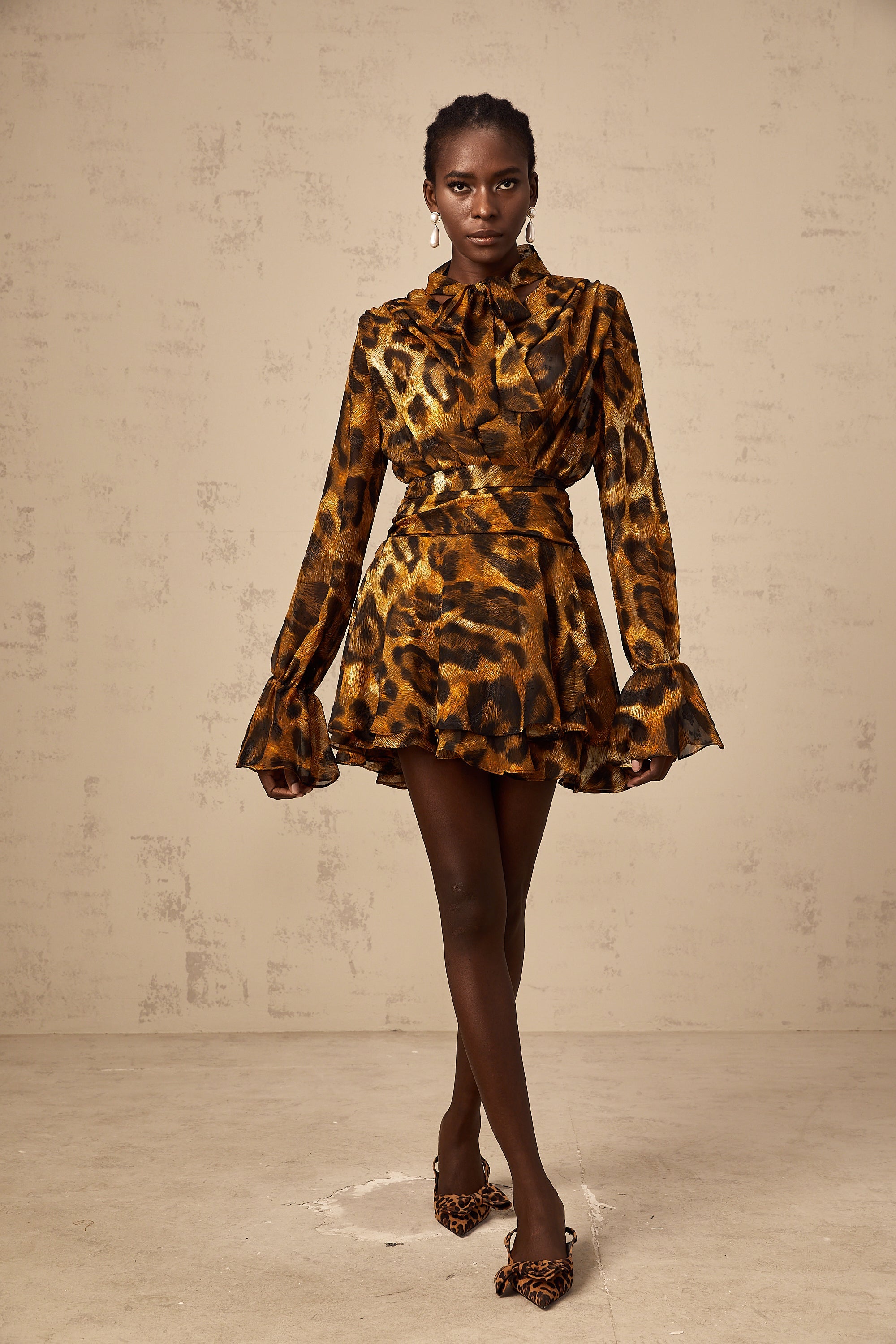 Alizée brown leopard-print flounce mini dress
