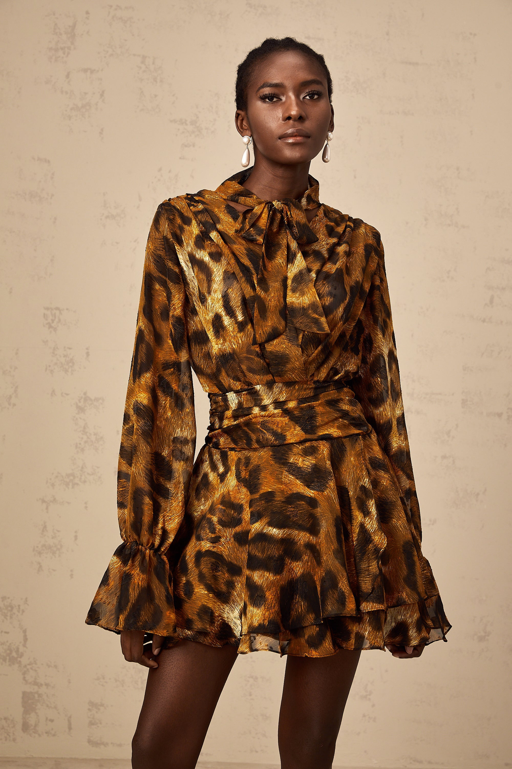 Alizée brown leopard-print flounce mini dress