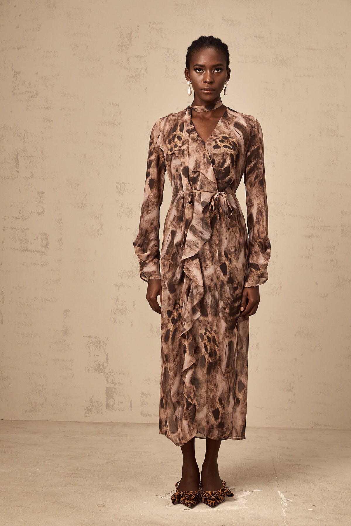 Sidonie brown ruffled leopard-print midi dress