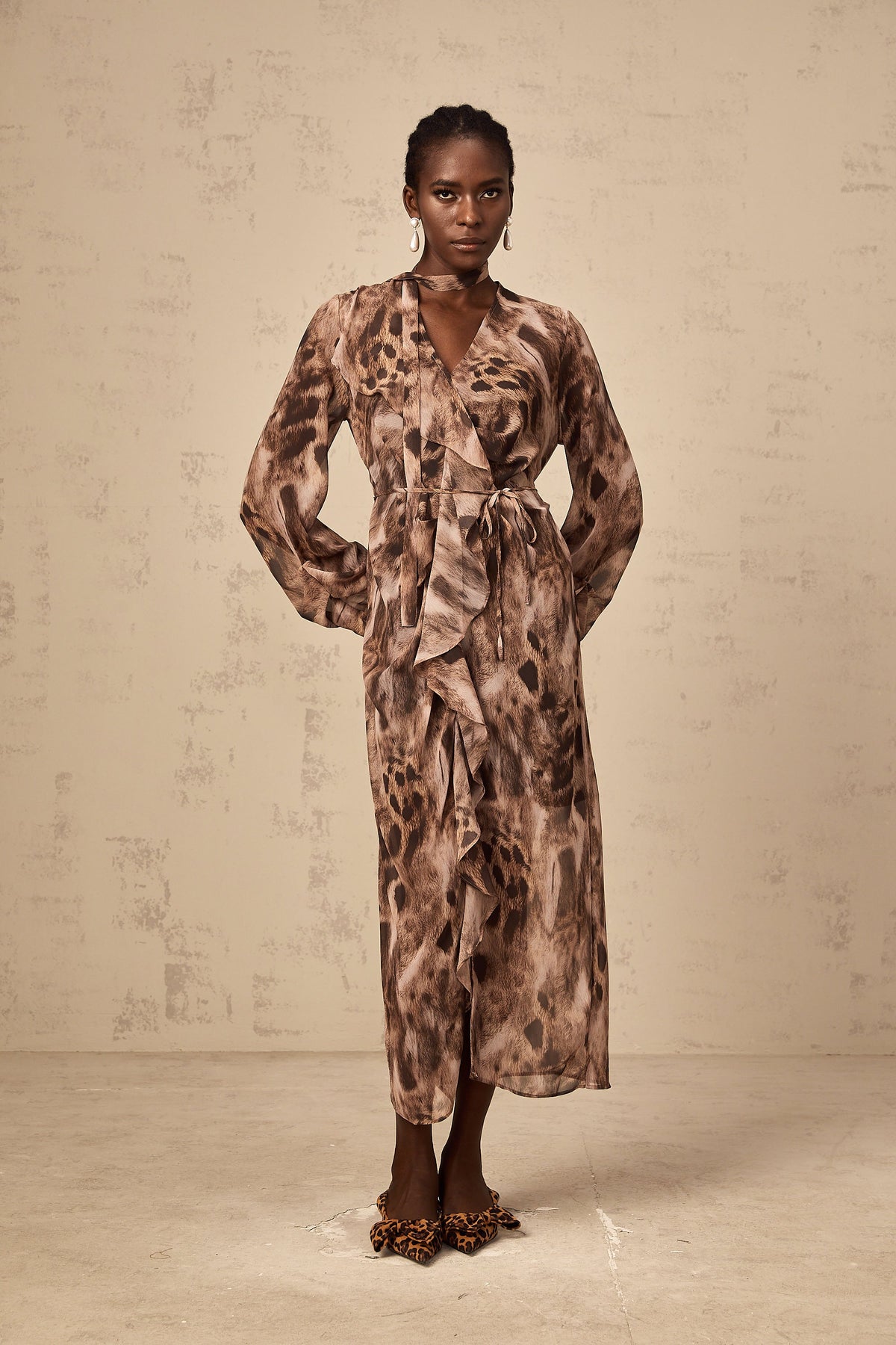 Sidonie brown ruffled leopard-print midi dress