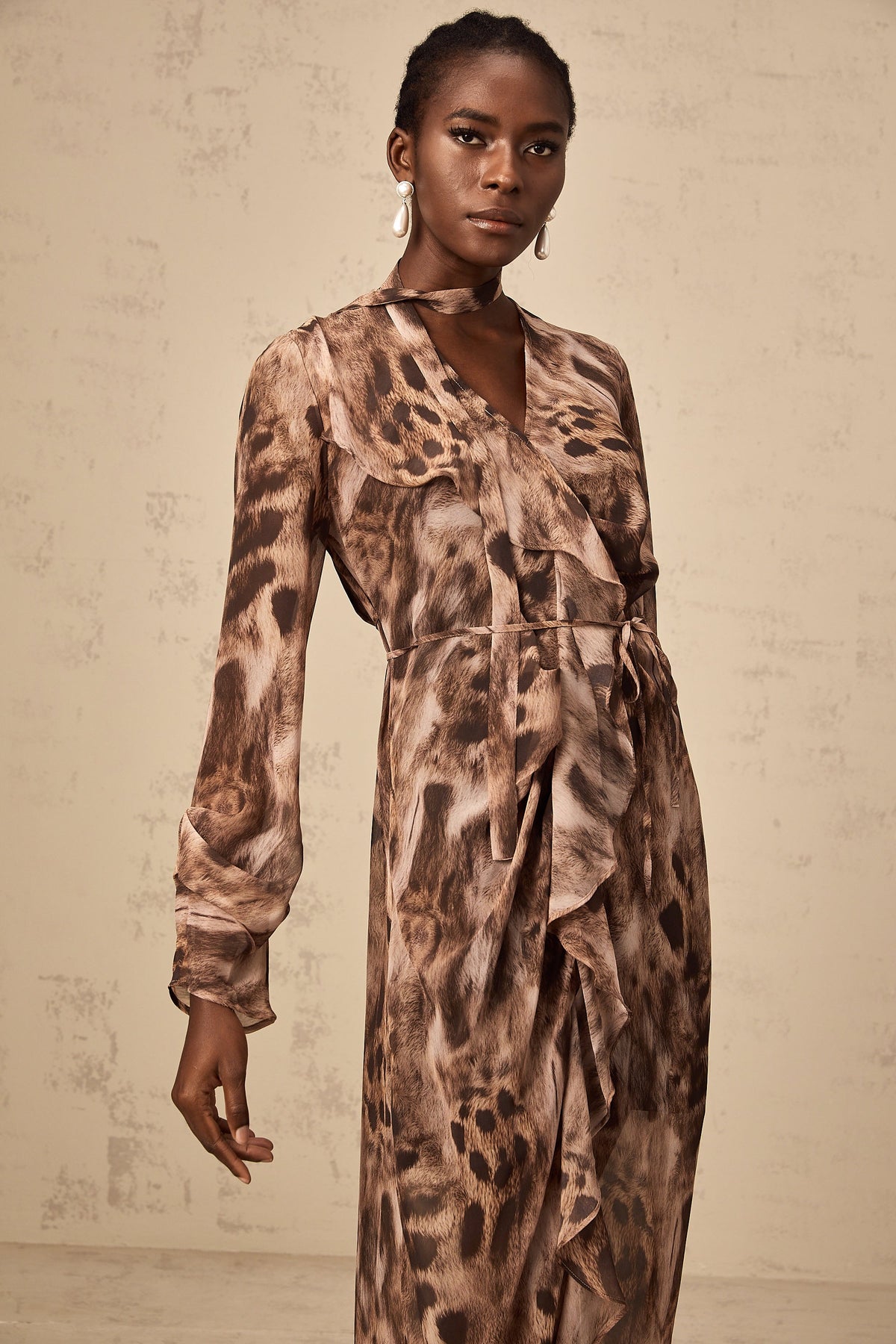 Sidonie brown ruffled leopard-print midi dress