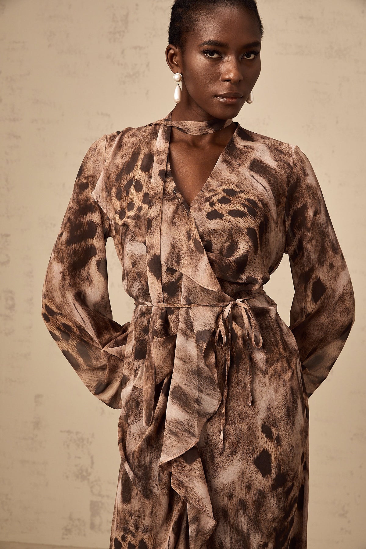Sidonie brown ruffled leopard-print midi dress
