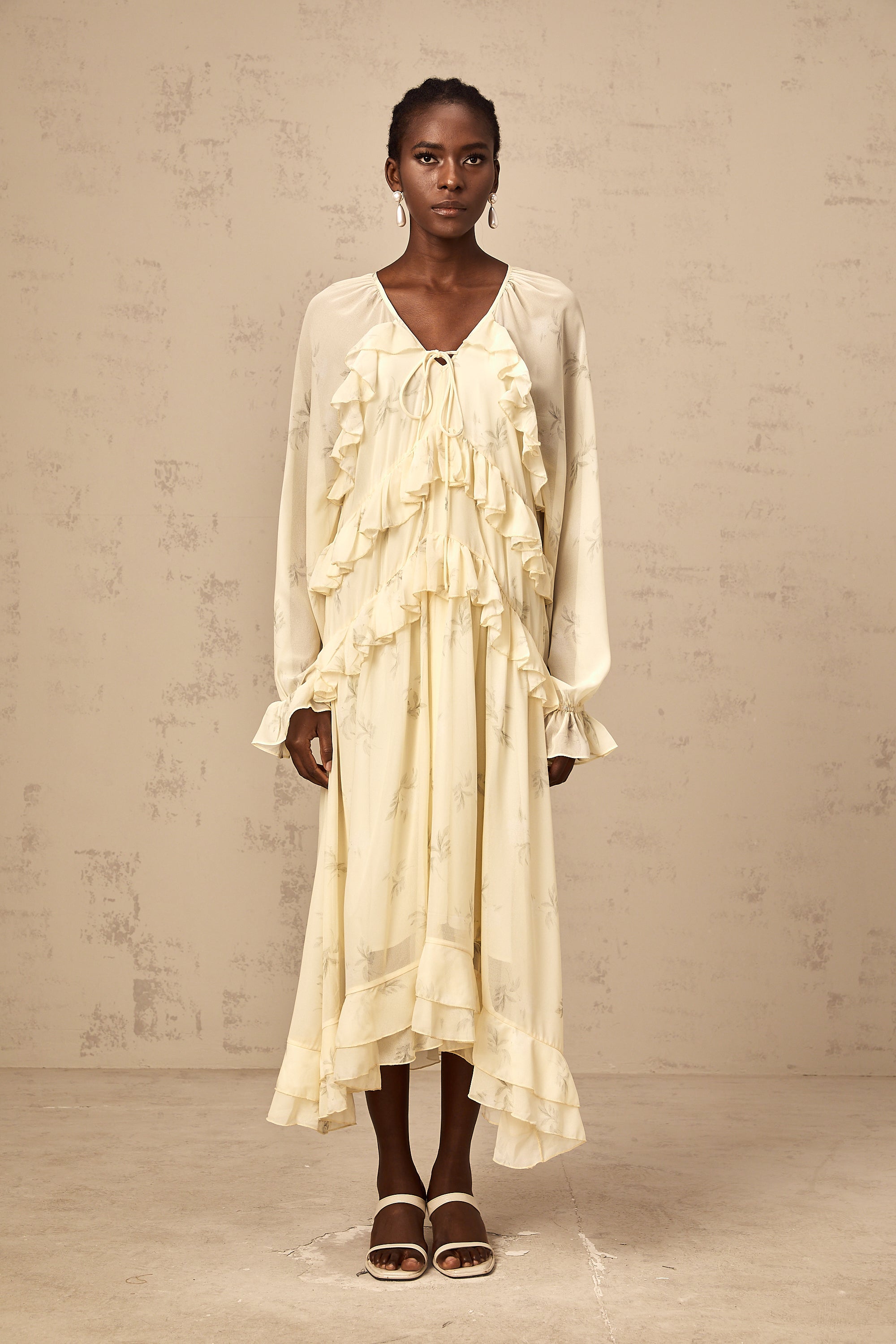 Oriane yellow floral-print ruffled chiffon midi dress