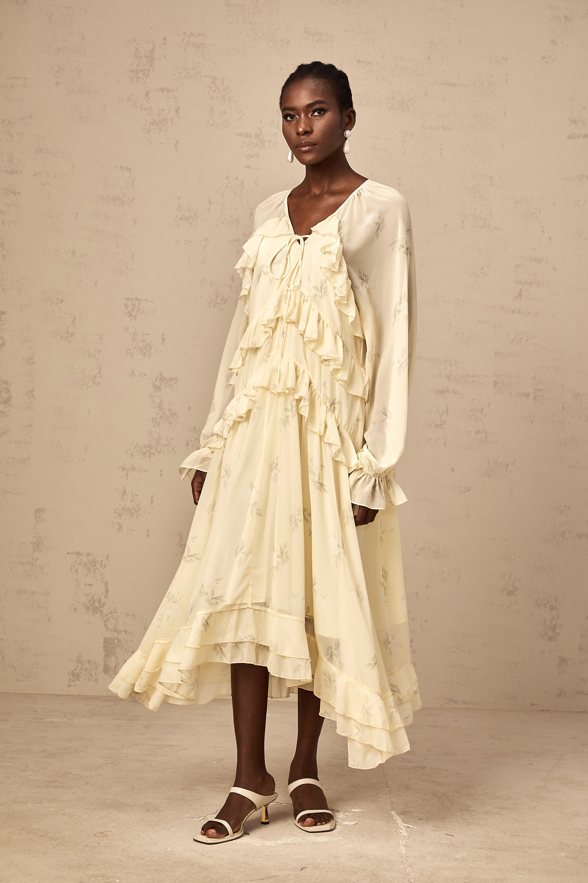 Oriane yellow floral-print ruffled chiffon midi dress